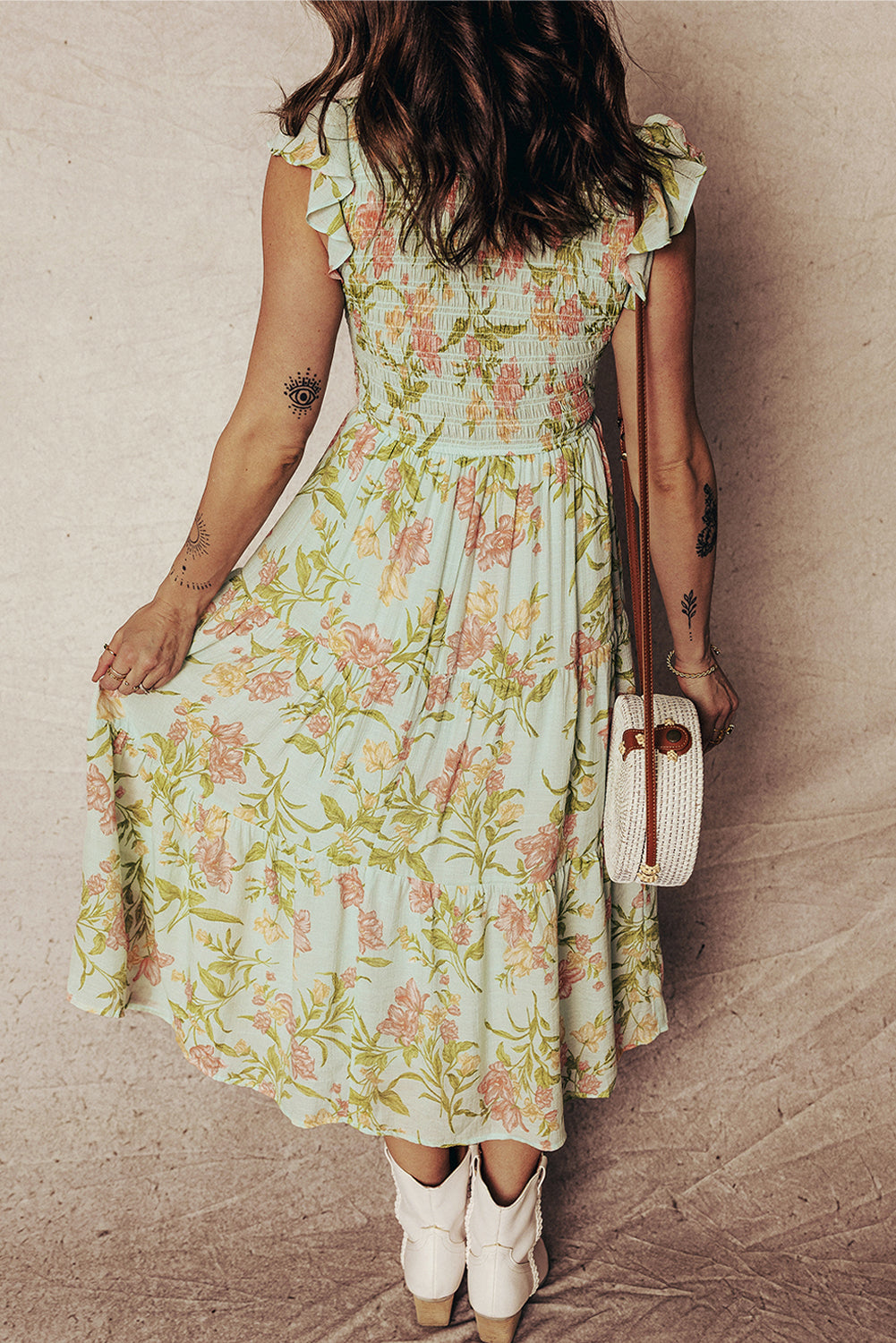 Yellow Smocked Bodice Ruffled Sleeveless Tiered Floral Maxi Dress