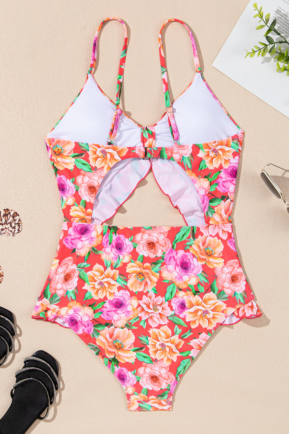 Red Floral Ruffle Trim Cutout Knotted One Piece Swimsuit