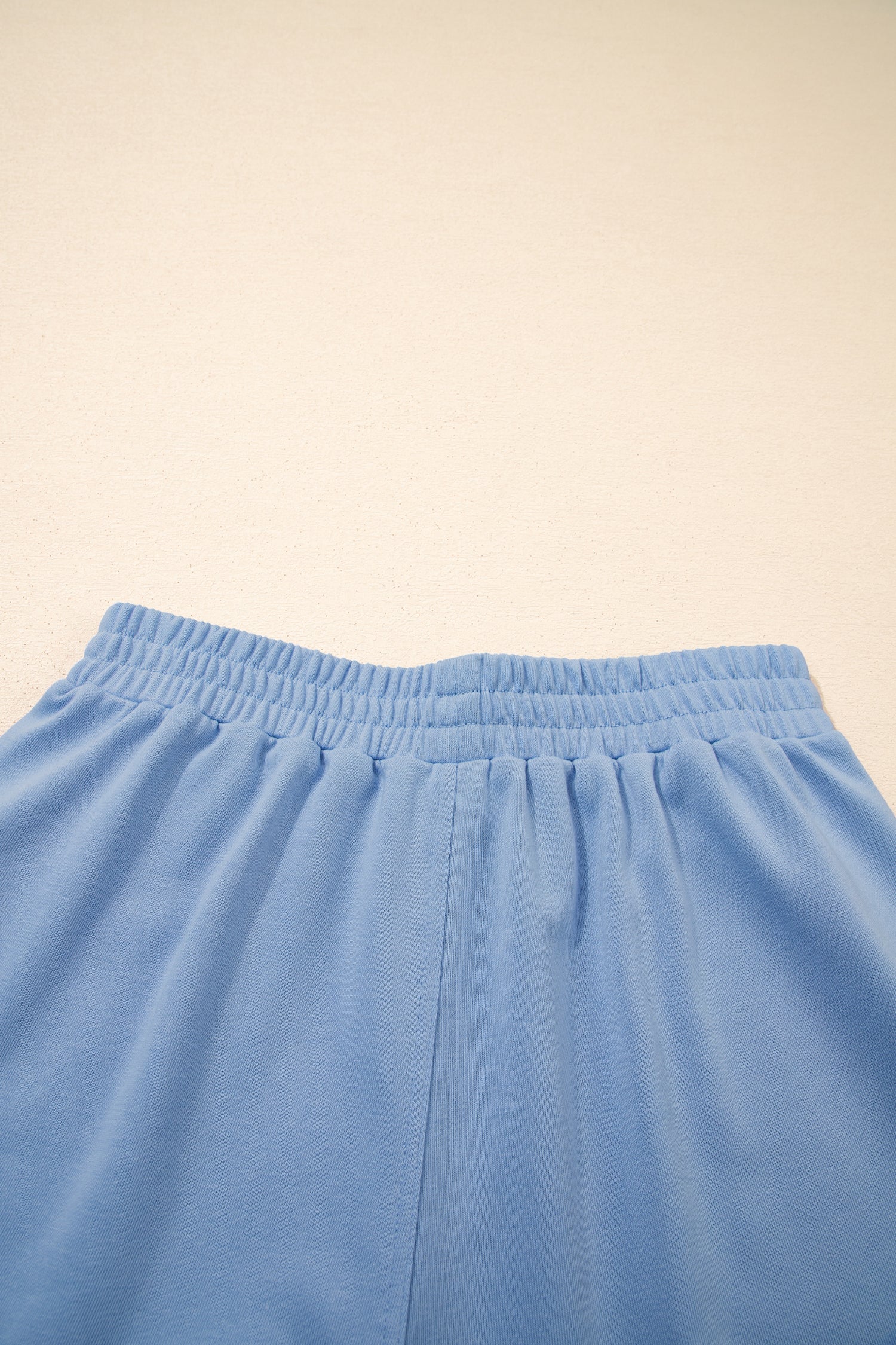 Sky Blue Solid Color Contrast Textured Patchwork Raw Edge 2pcs Short Set