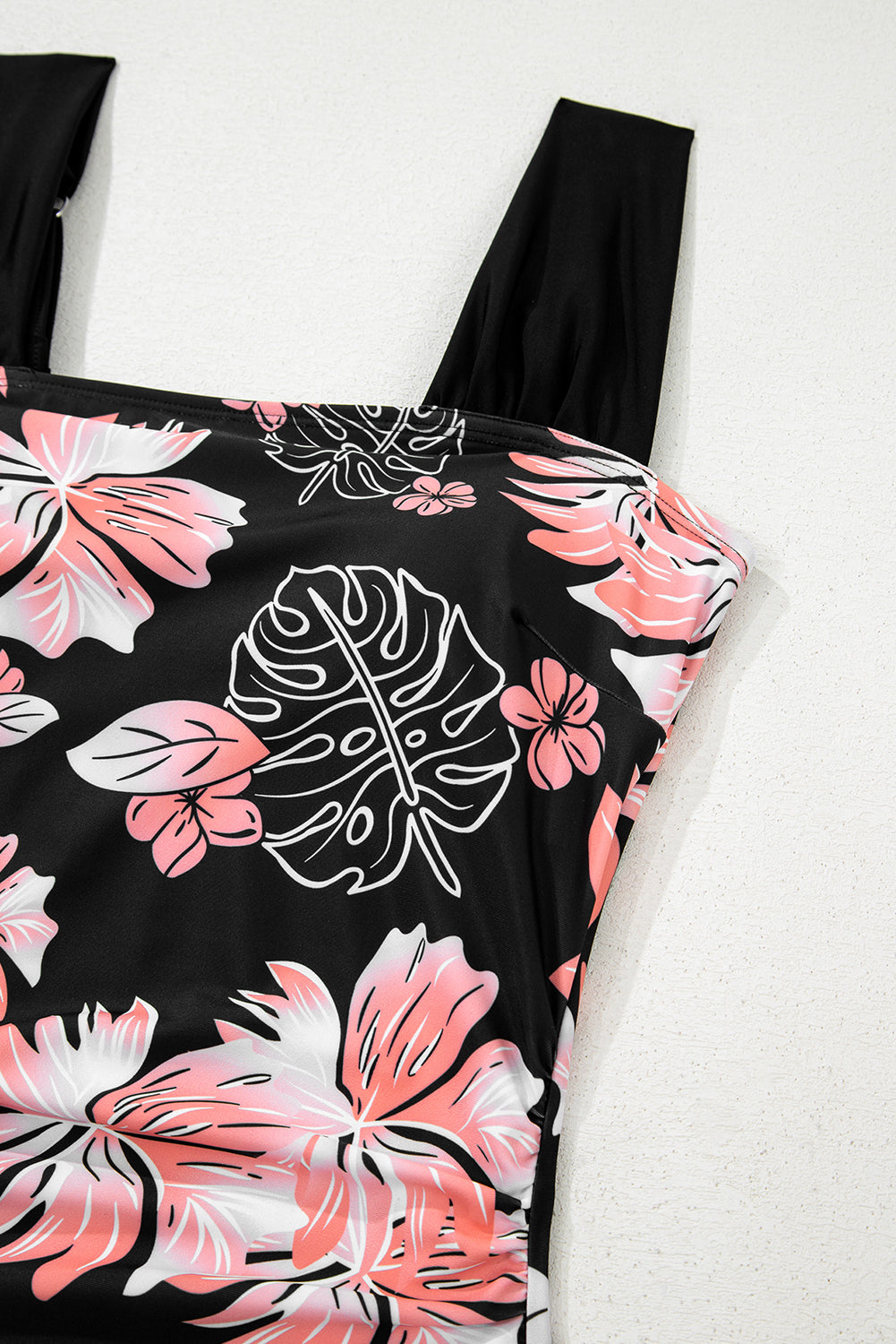 Black Floral Print Square Neck Ruched Tummy Control One Piece Swimsuit