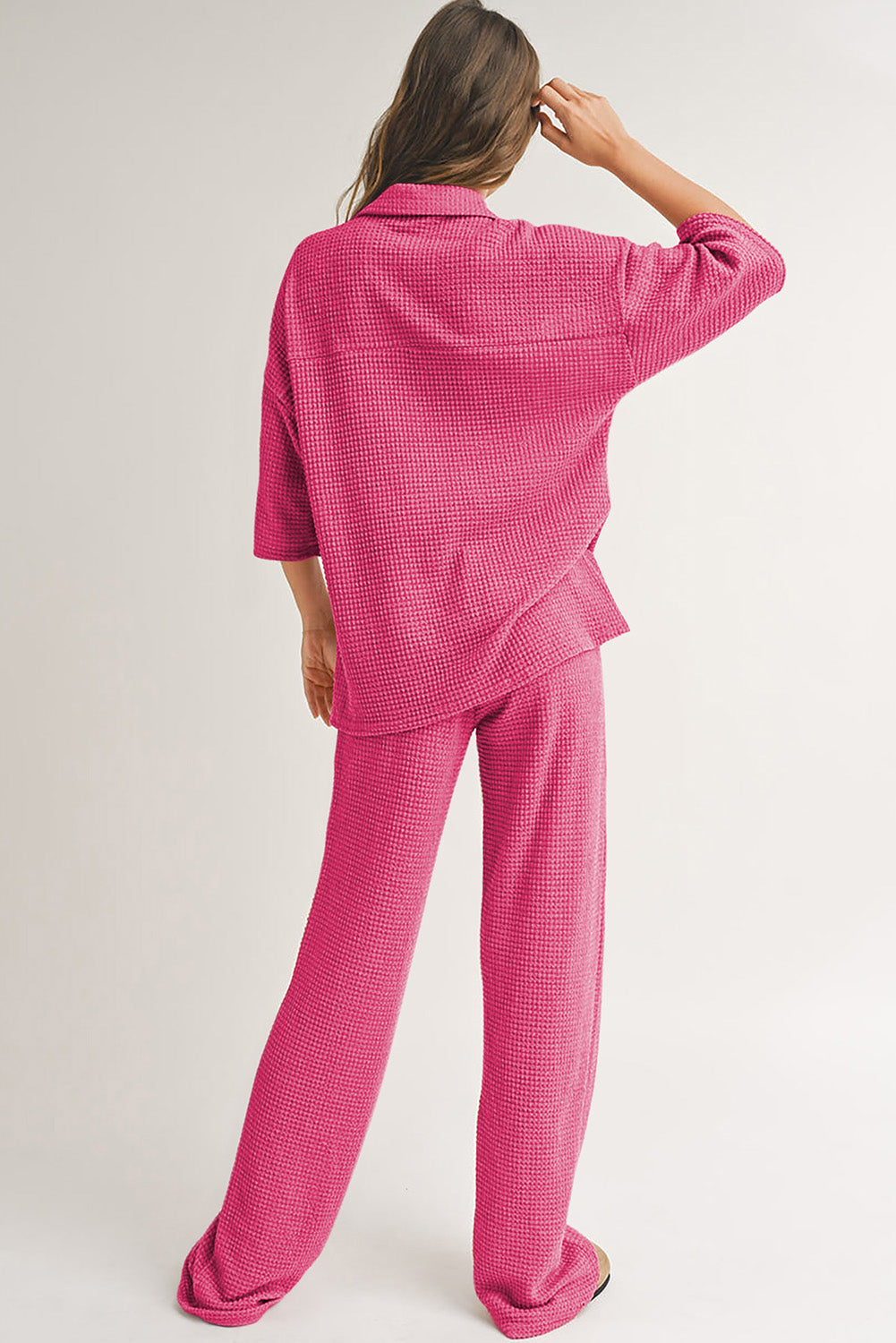 Rose Red Solid Color Textured Buttoned Shirt and Casual Pants Set