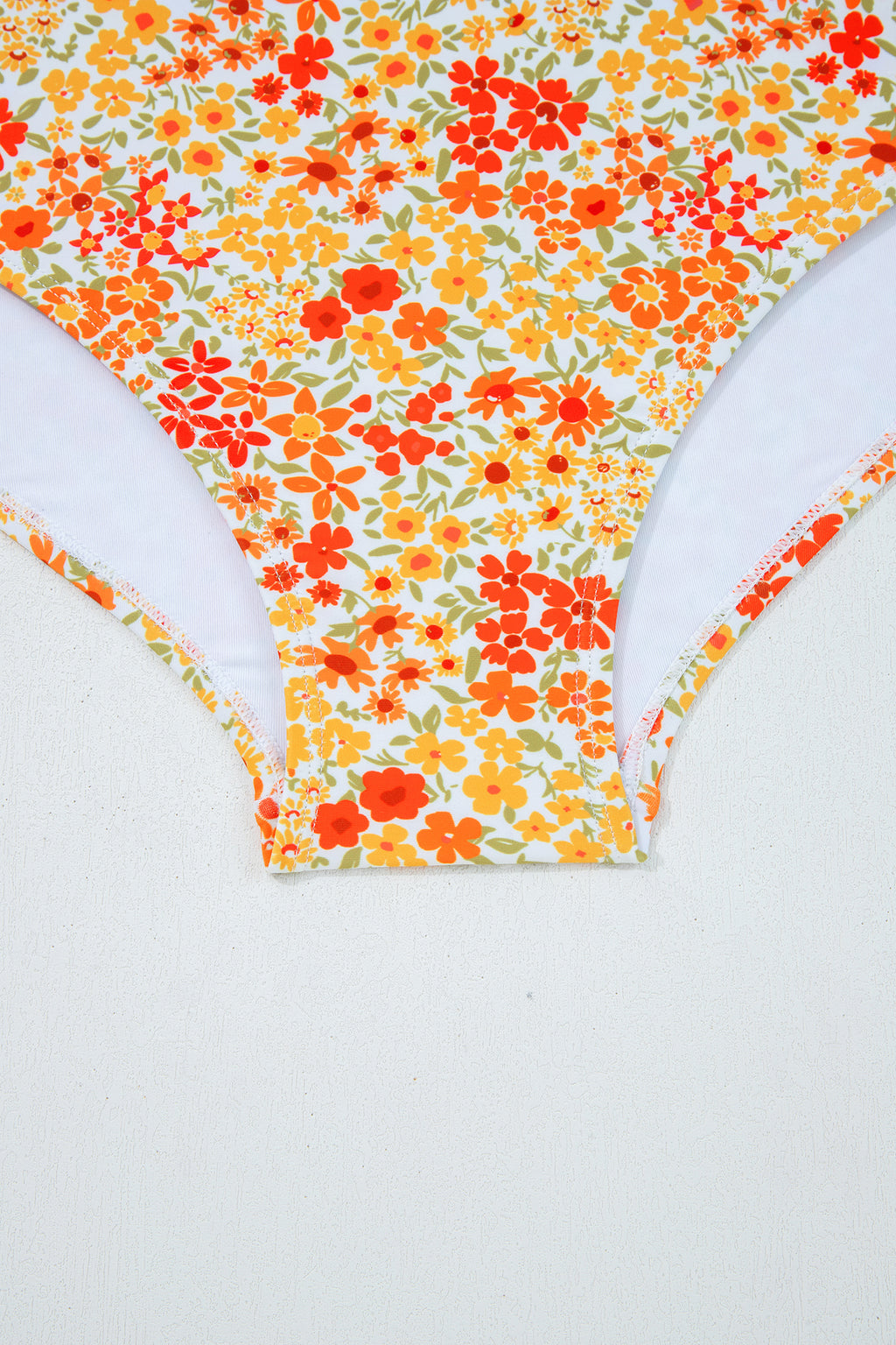 Orange Ruffled Trim Keyhole Accent Floral One Piece Swimsuit
