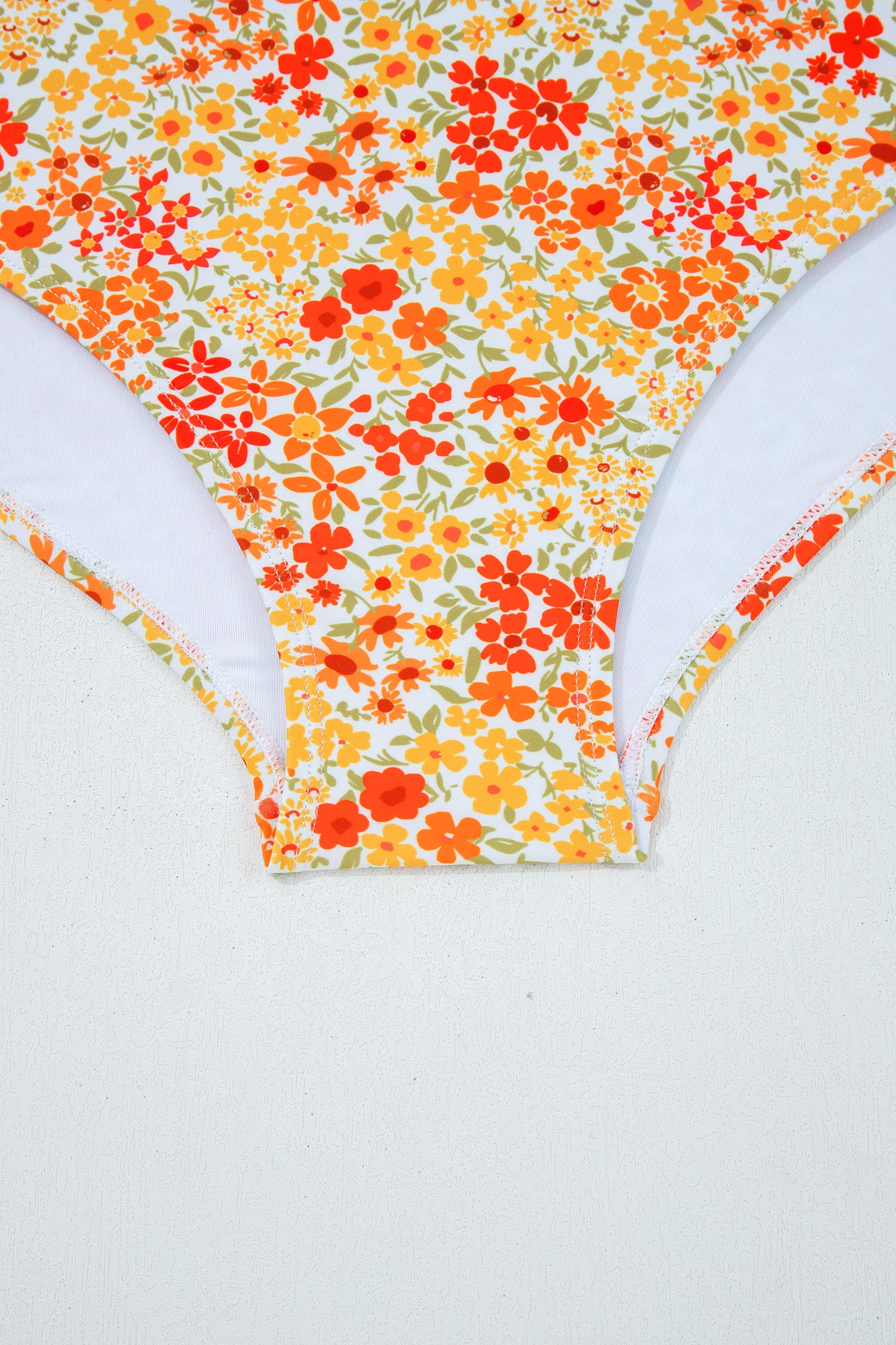 Orange Ruffled Trim Keyhole Accent Floral One Piece Swimsuit