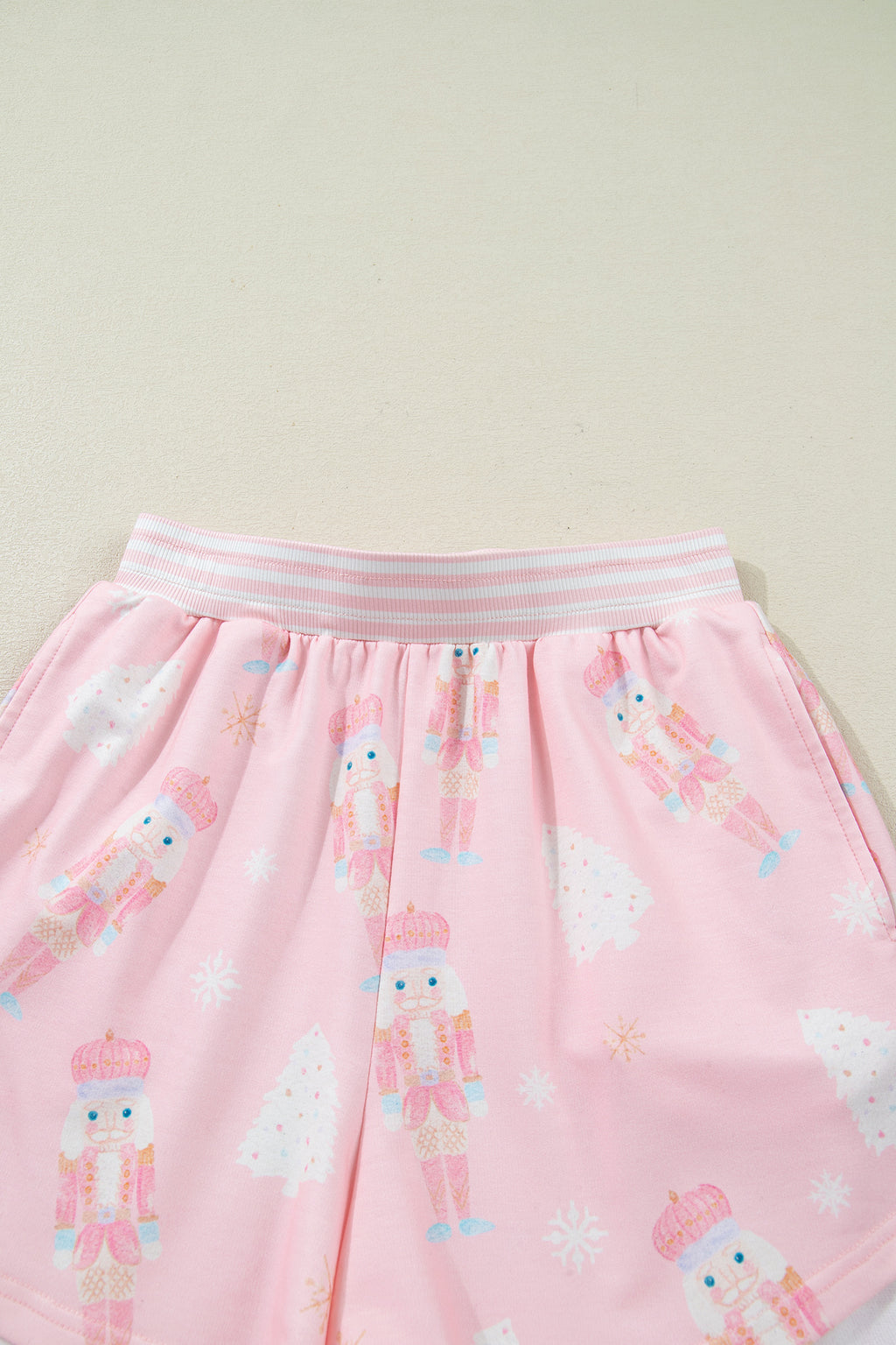 Pink Christmas Tree Nutcracker Doll Print Contrast Trim Long Sleeve Top Matching Shorts Set