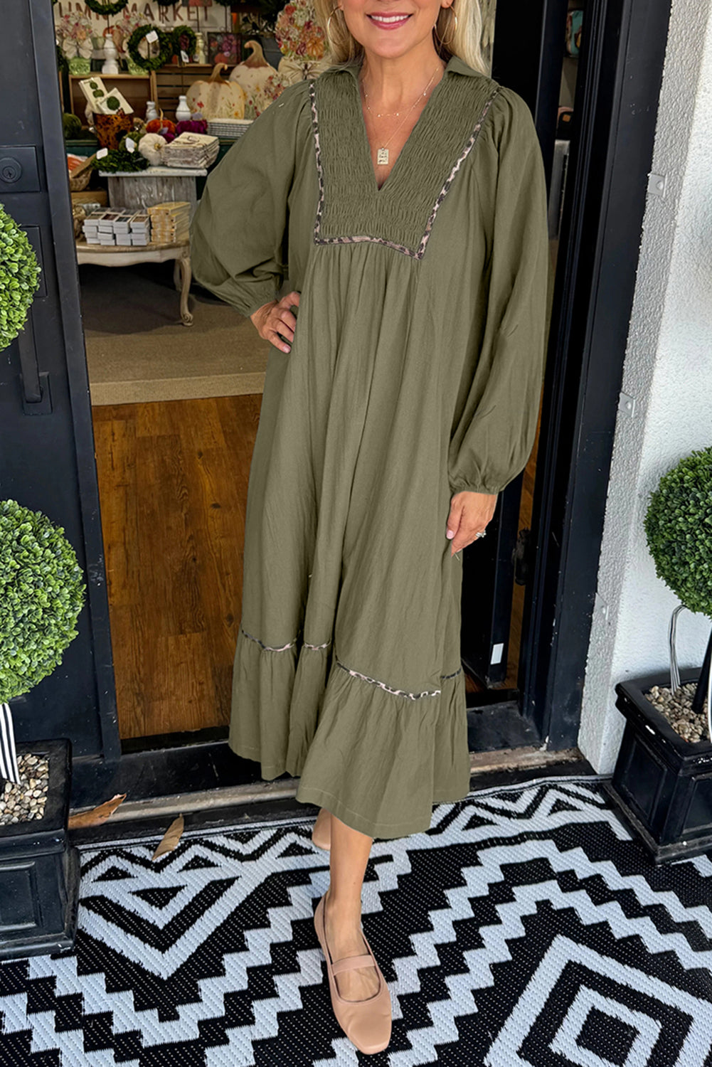 Four Leaf Clover Collared V Neck Smocked Detail Contrast Leopard Trim Bracelet Sleeve Long Dress
