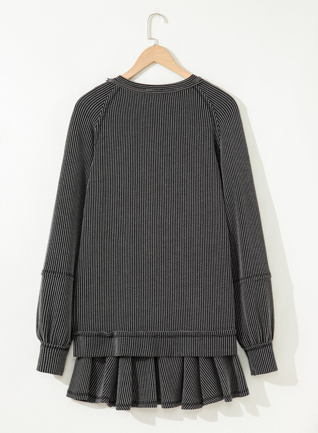 Dark Grey Corded Lantern Sleeve Top High Waist Ruffled Mini Skort Set