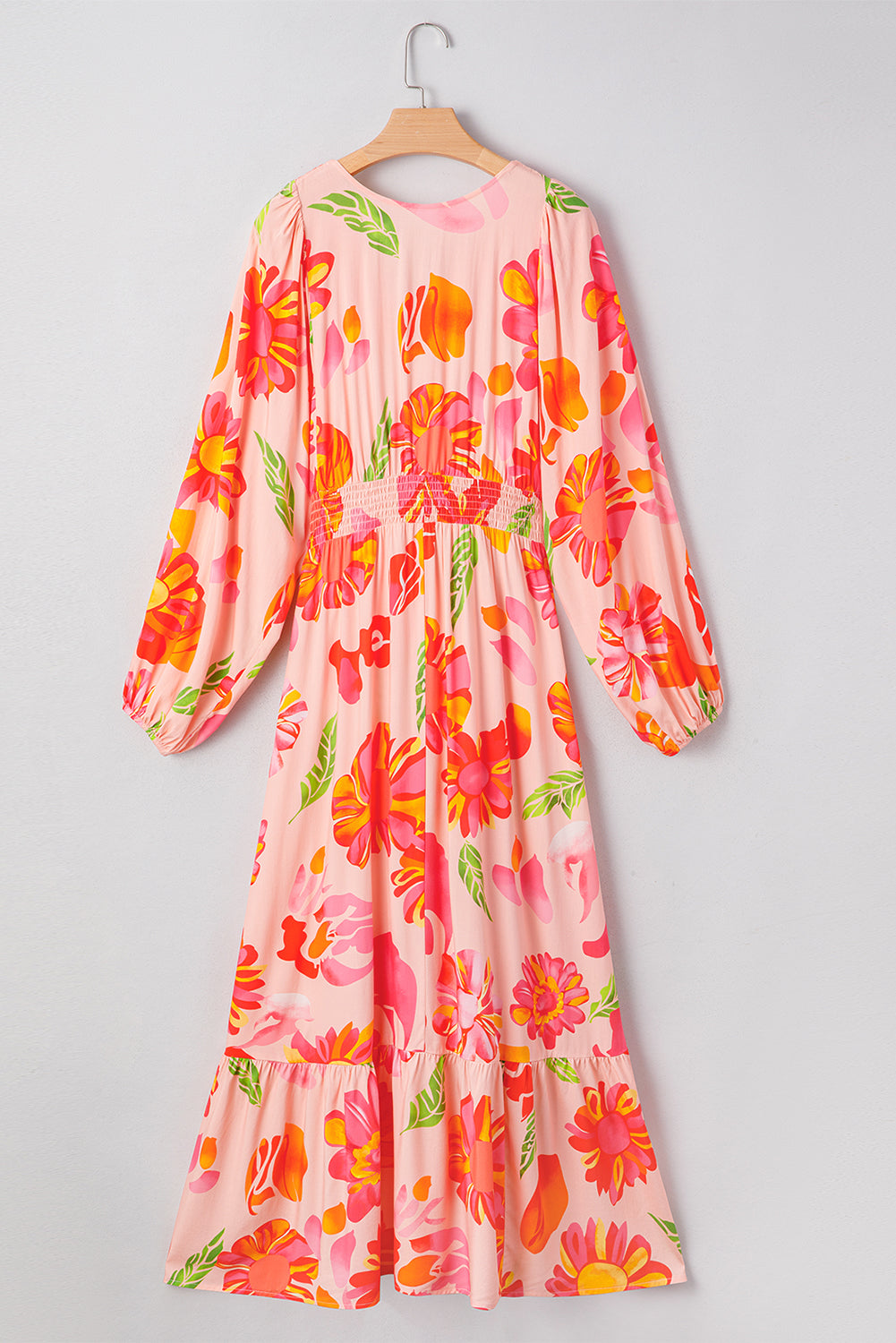Beige Floral Print Smocked Detail V Neck Puff Sleeve Flowy Maxi Dress