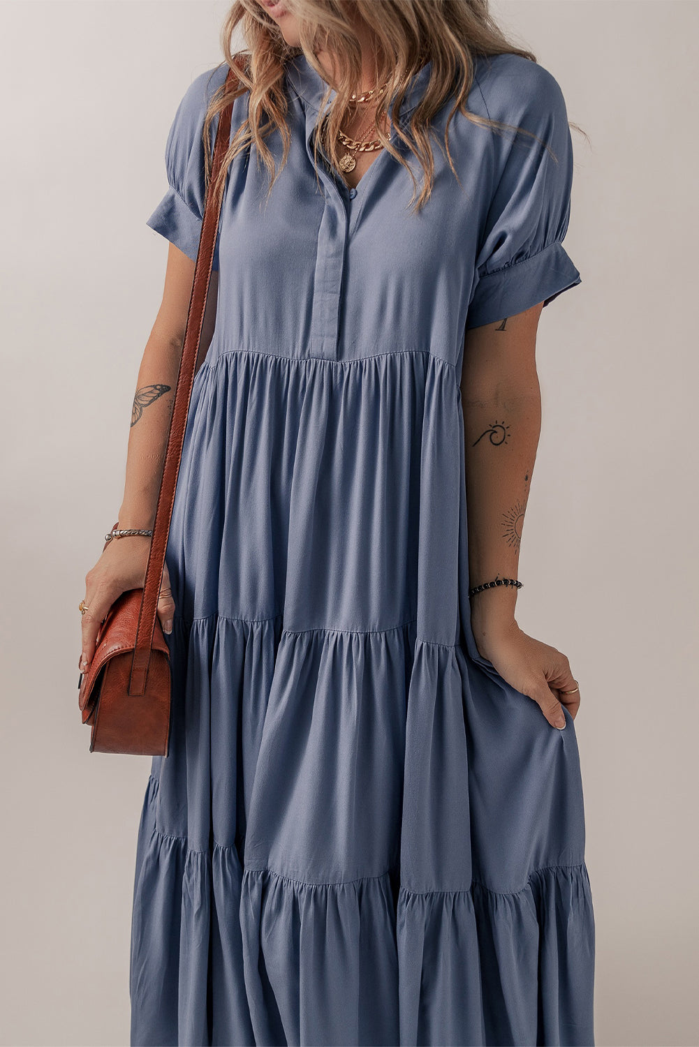 Ashleigh Blue Hidden Buttons Short Sleeve Ruffle Tiered Long Flared Dress