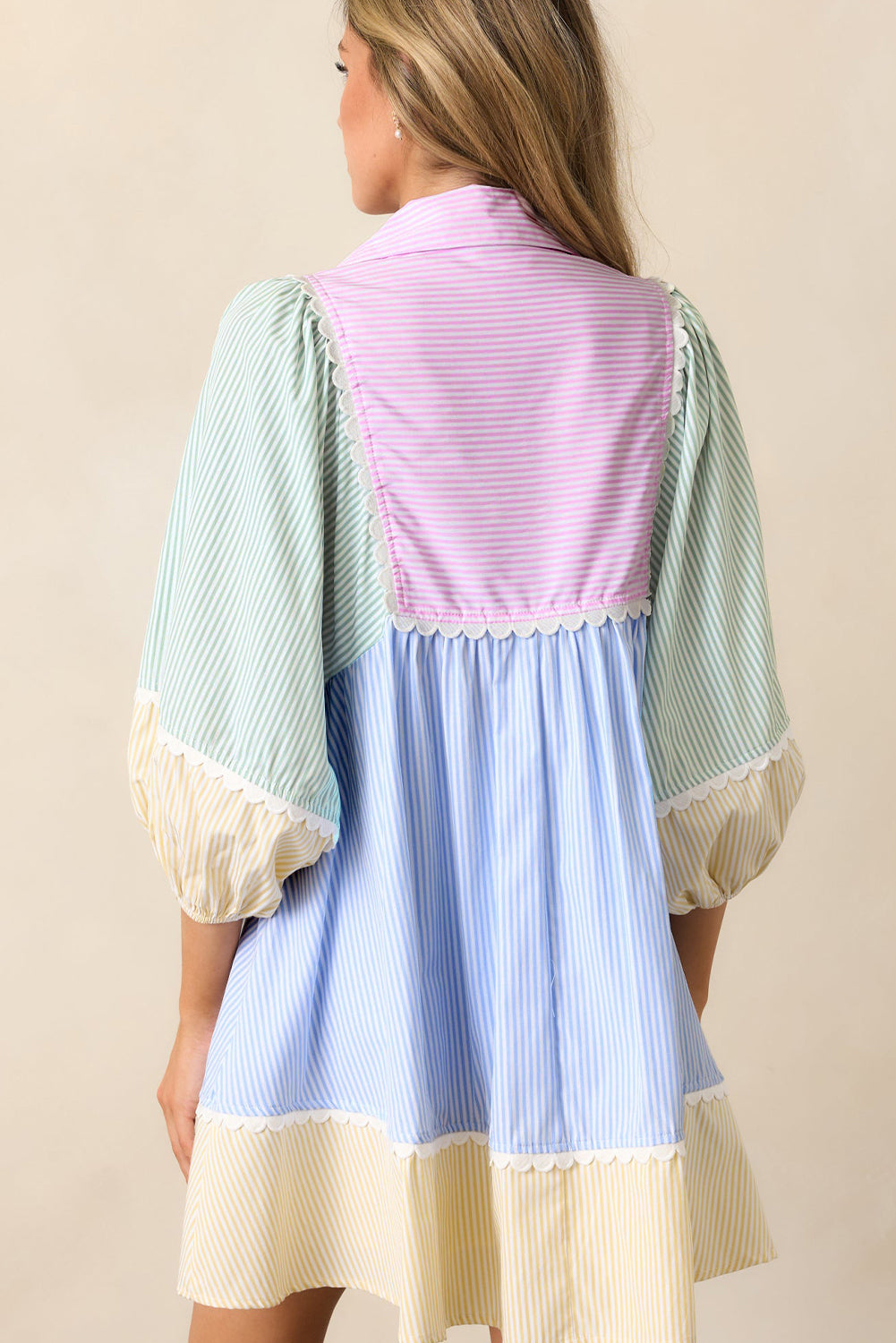 Multicolour Striped Patchwork Ric Rac Puff Sleeve Collared Mini Dress