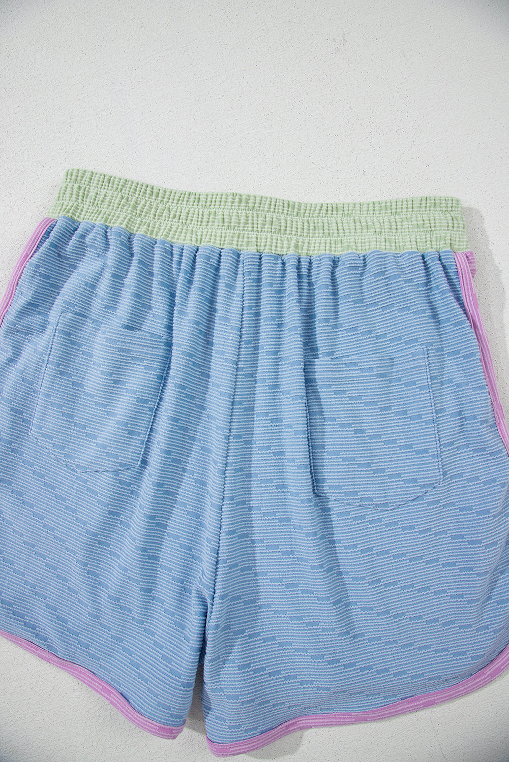 Beau Blue Corded Knit Contrast Trim Round Neck Cap Sleeve 2pcs Short Set