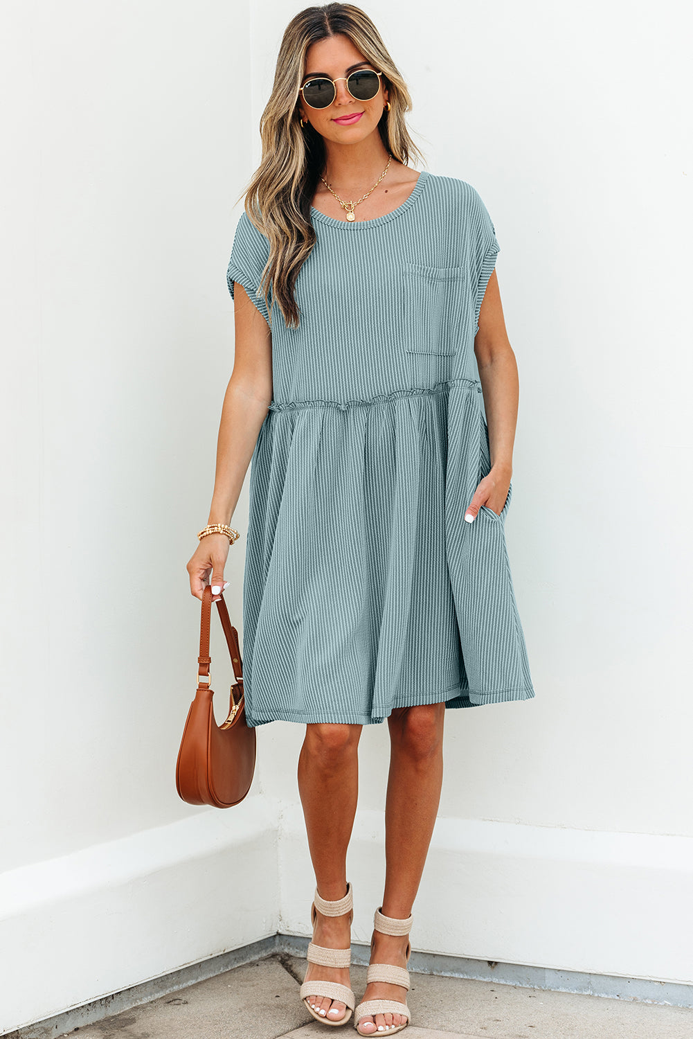 Canton Corded Knit Textured Patched Pocket Frilled Swing Mini Dress with Pockets