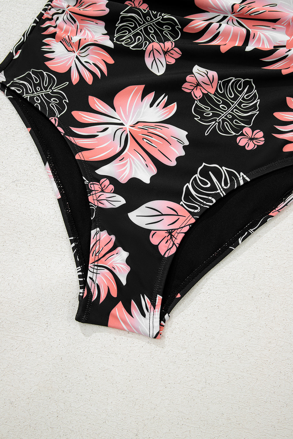 Black Floral Print Square Neck Ruched Tummy Control One Piece Swimsuit