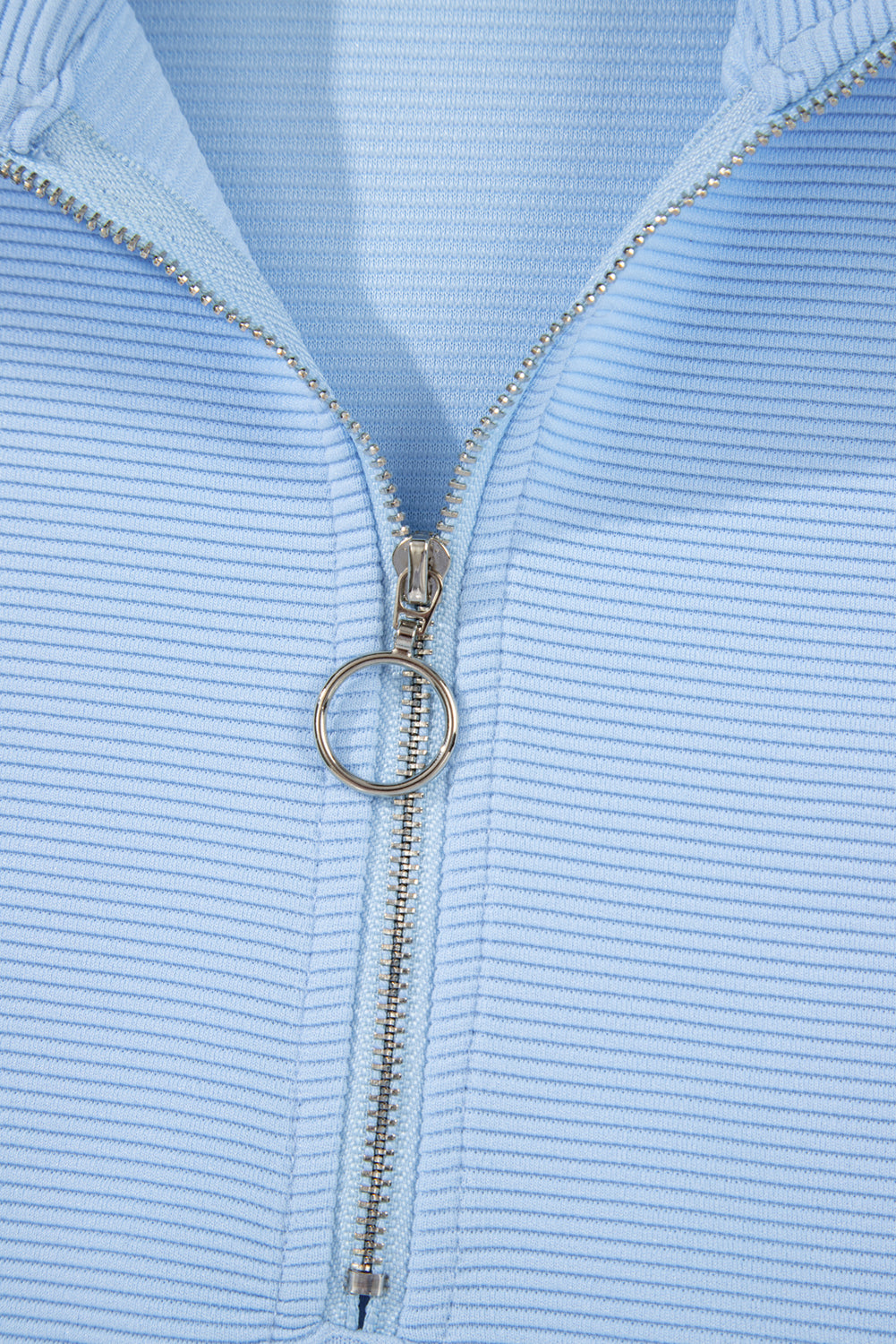 Beau Blue Ribbed Texture Half Zip Ruffled Short Sleeve Top and Shorts Set