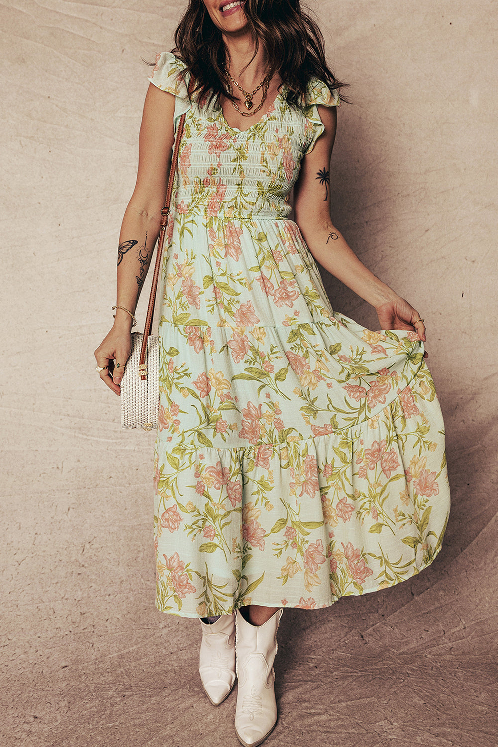 Yellow Smocked Bodice Ruffled Sleeveless Tiered Floral Maxi Dress