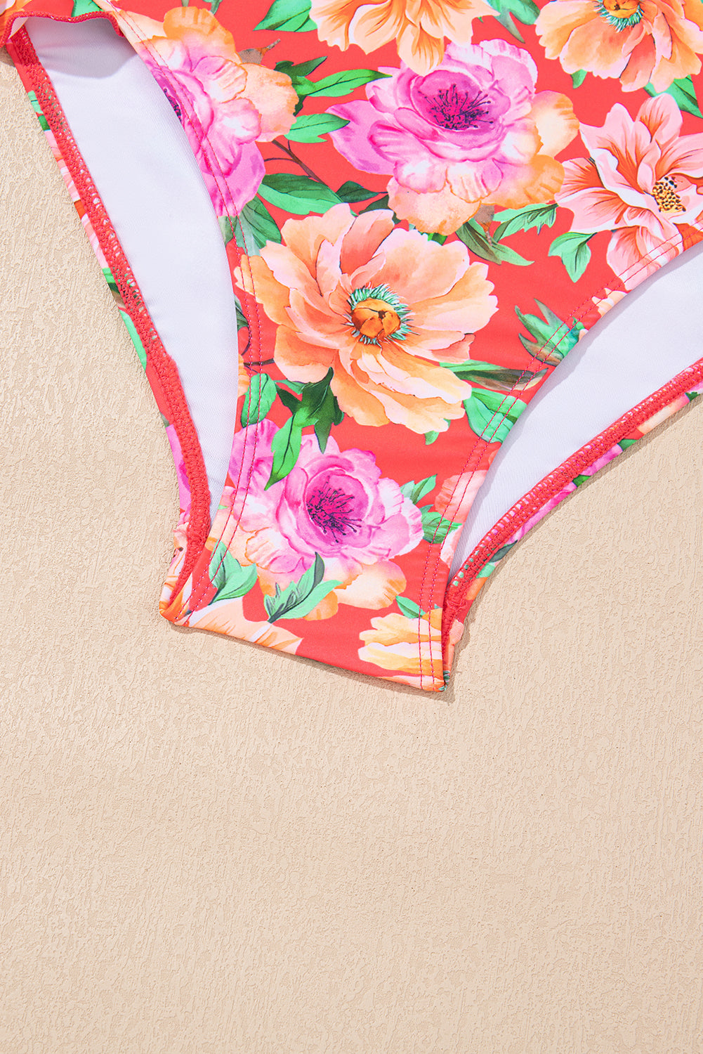 Red Floral Ruffle Trim Cutout Knotted One Piece Swimsuit