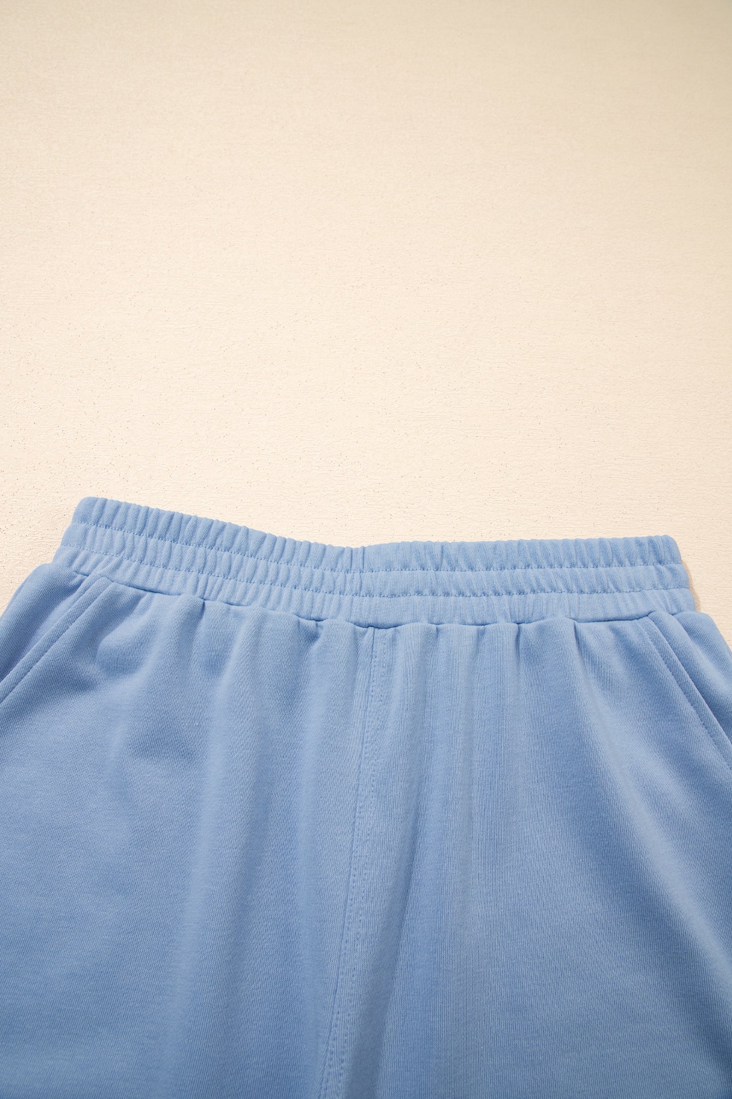 Sky Blue Solid Color Contrast Textured Patchwork Raw Edge 2pcs Short Set