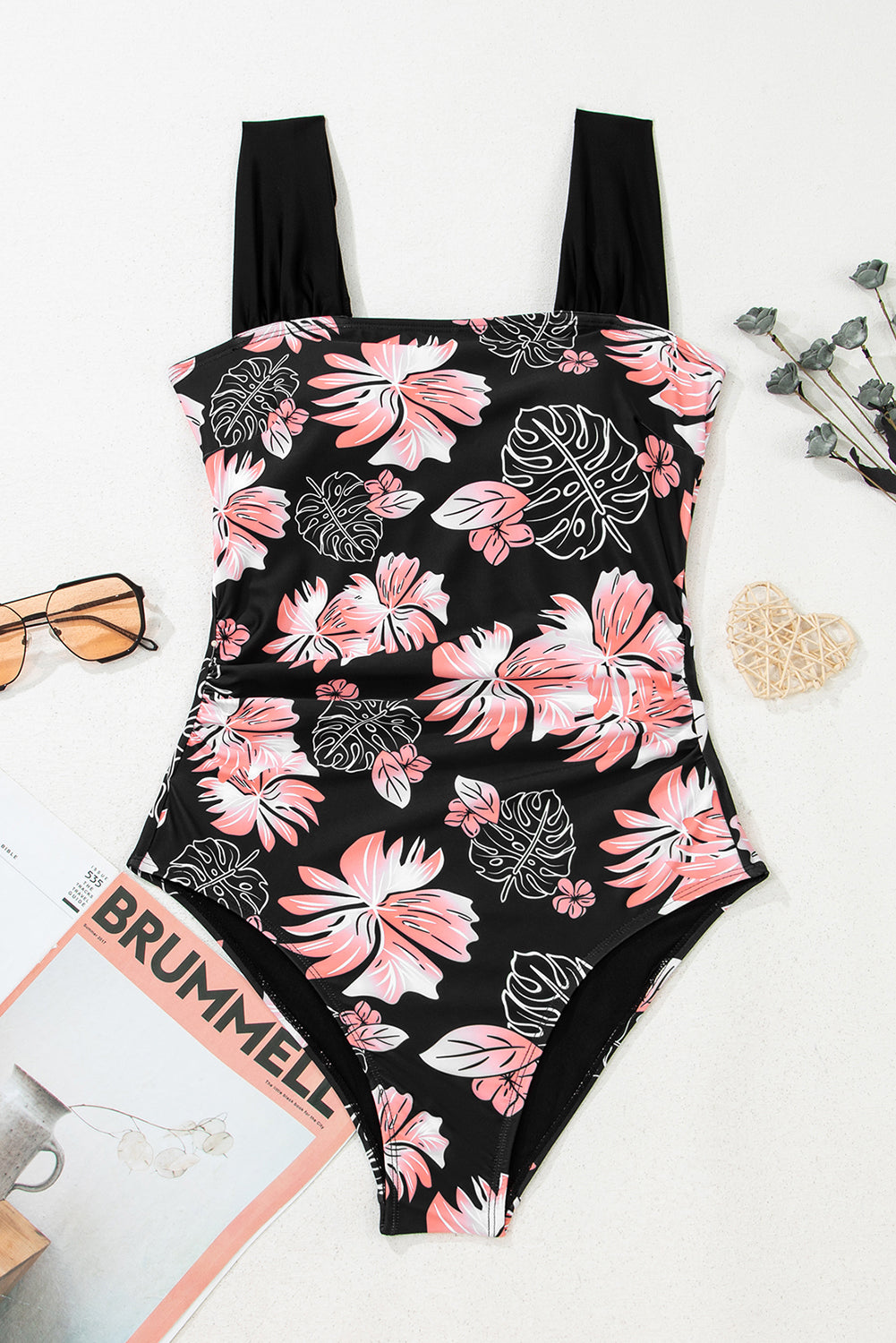 Black Floral Print Square Neck Ruched Tummy Control One Piece Swimsuit