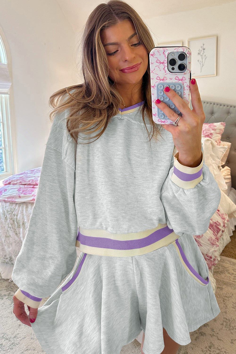 Light Grey Contrast Striped Bands Cropped Pullover and Athletic Short Set