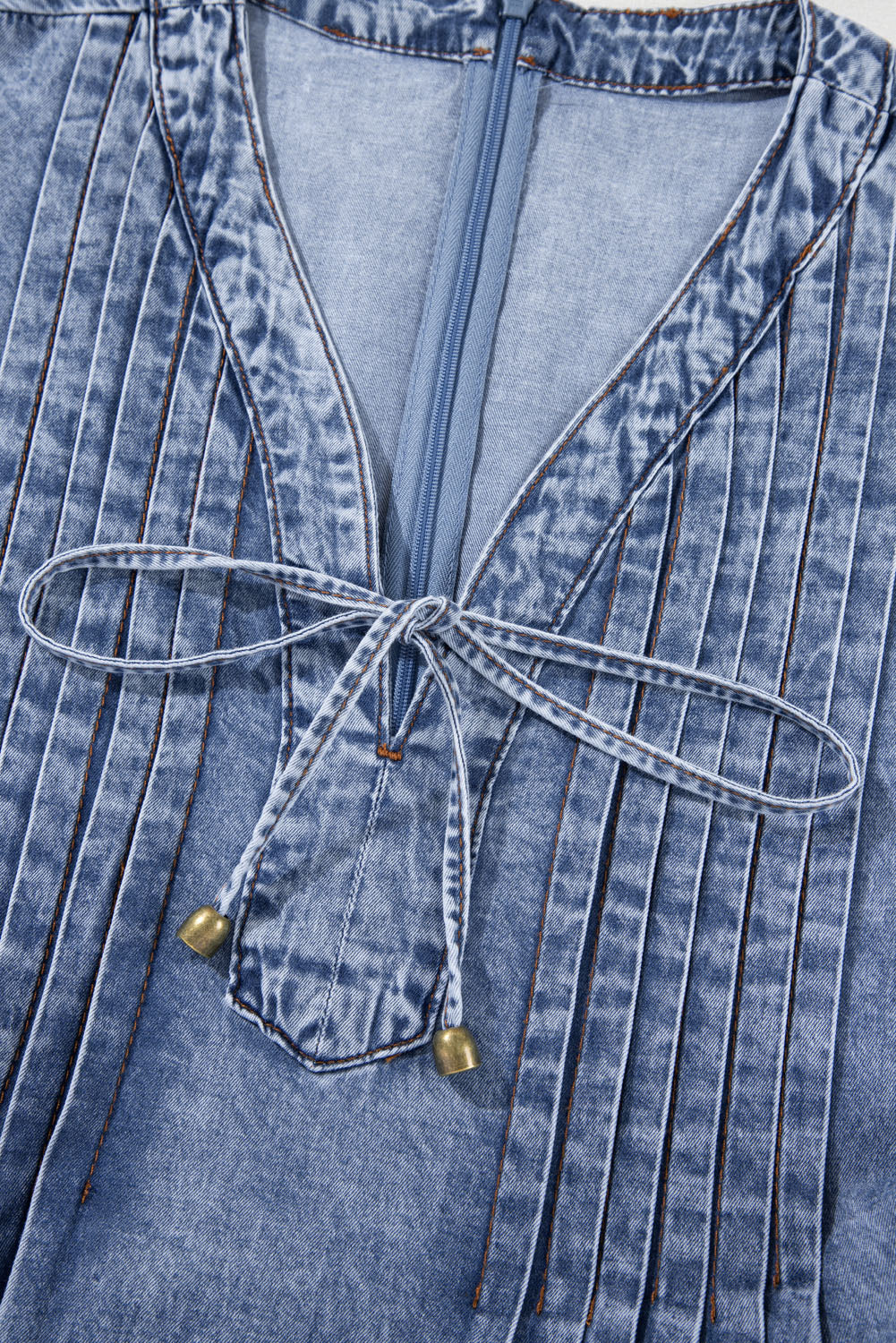 Beau Blue Tie V Neck Tucking Detail Short Sleeve Denim Shift Dress