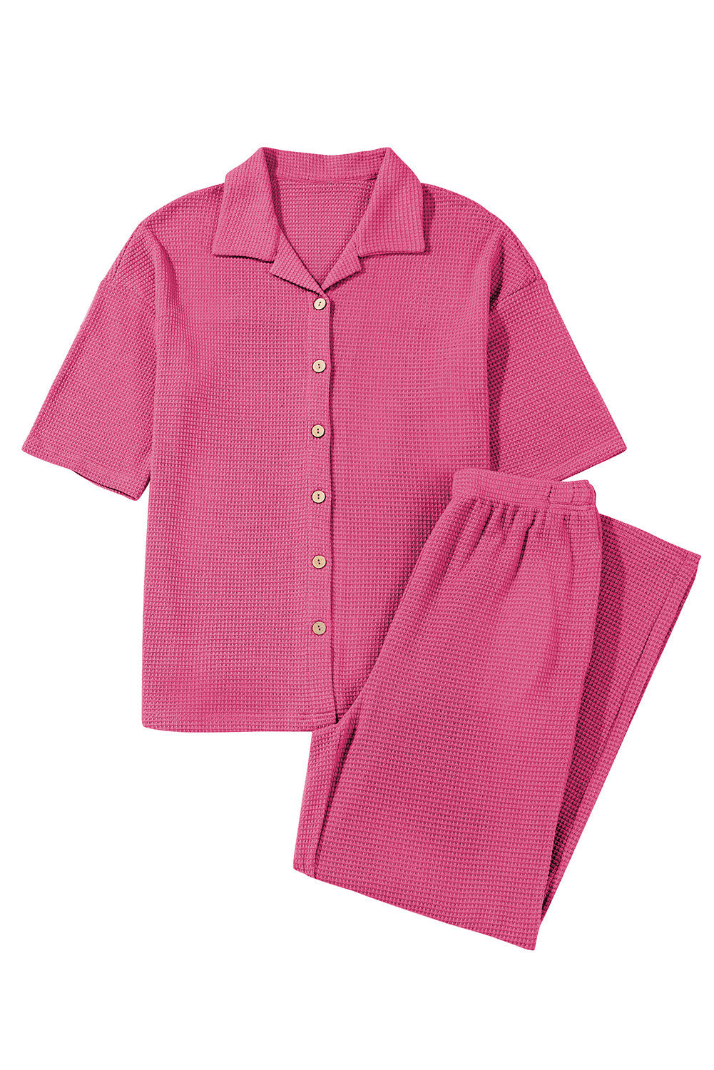 Rose Red Solid Color Textured Buttoned Shirt and Casual Pants Set