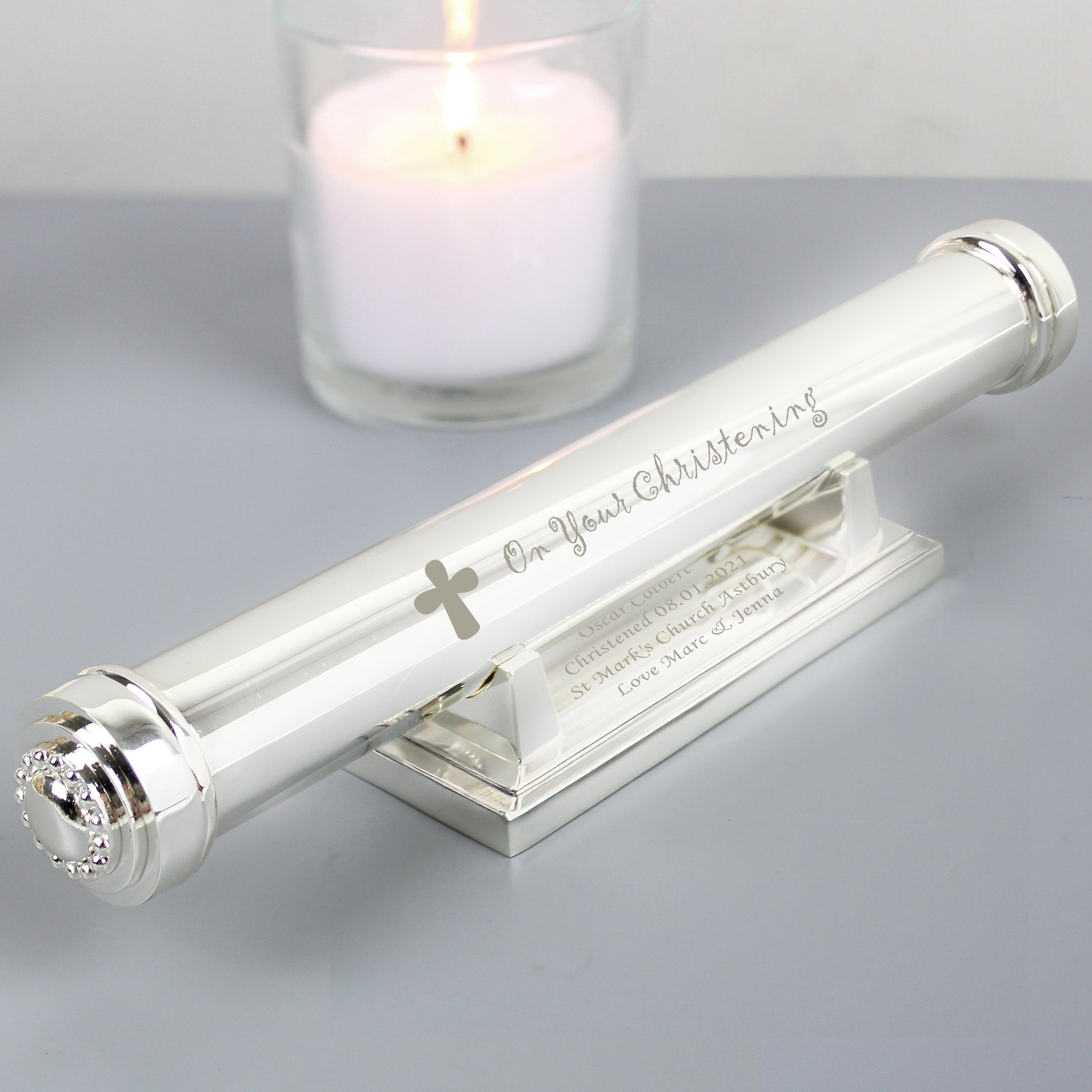 Personalised Christening Cross Silver Plated Certificate Holder