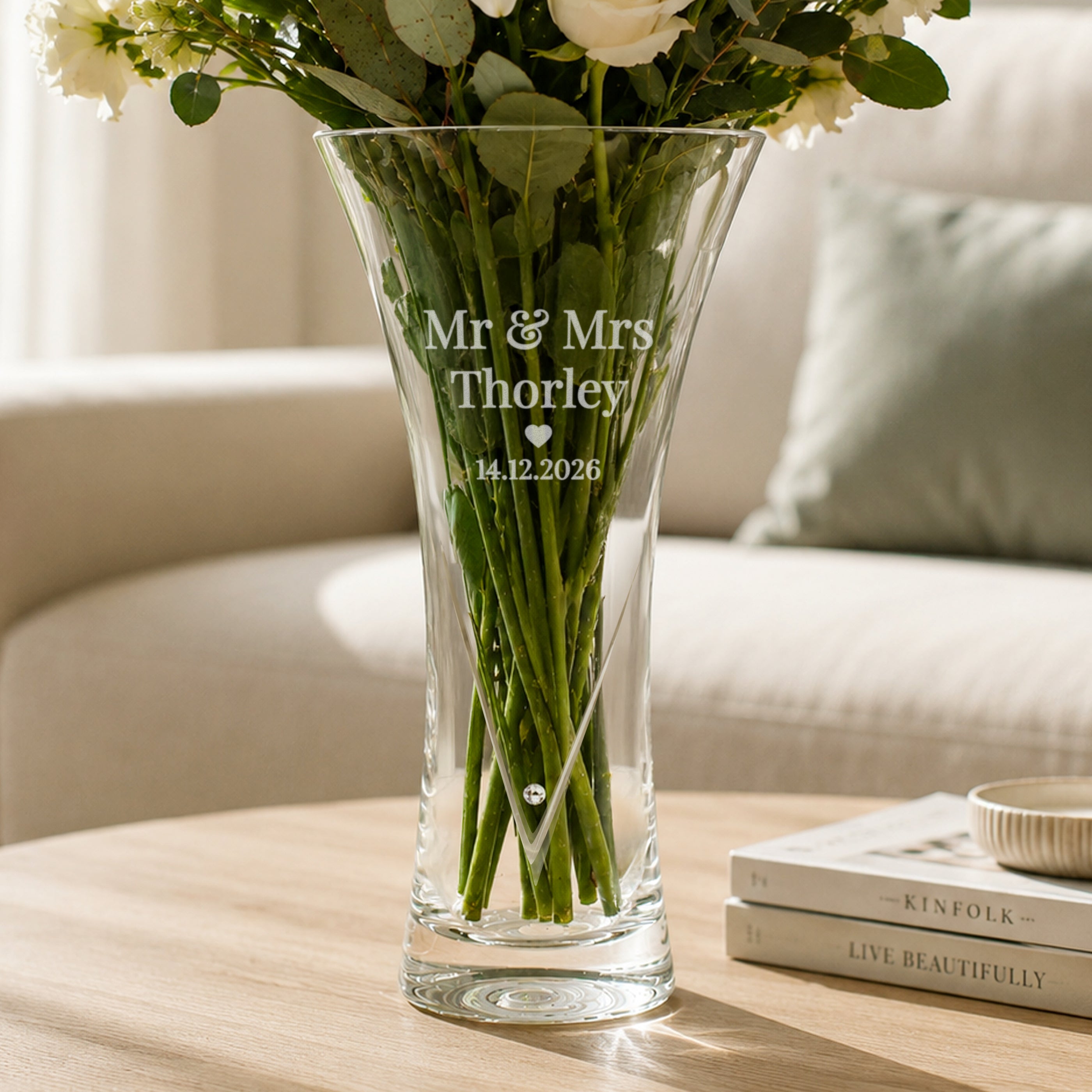 Personalised Mr & Mrs Large Hand Cut Diamond Effect Heart Vase