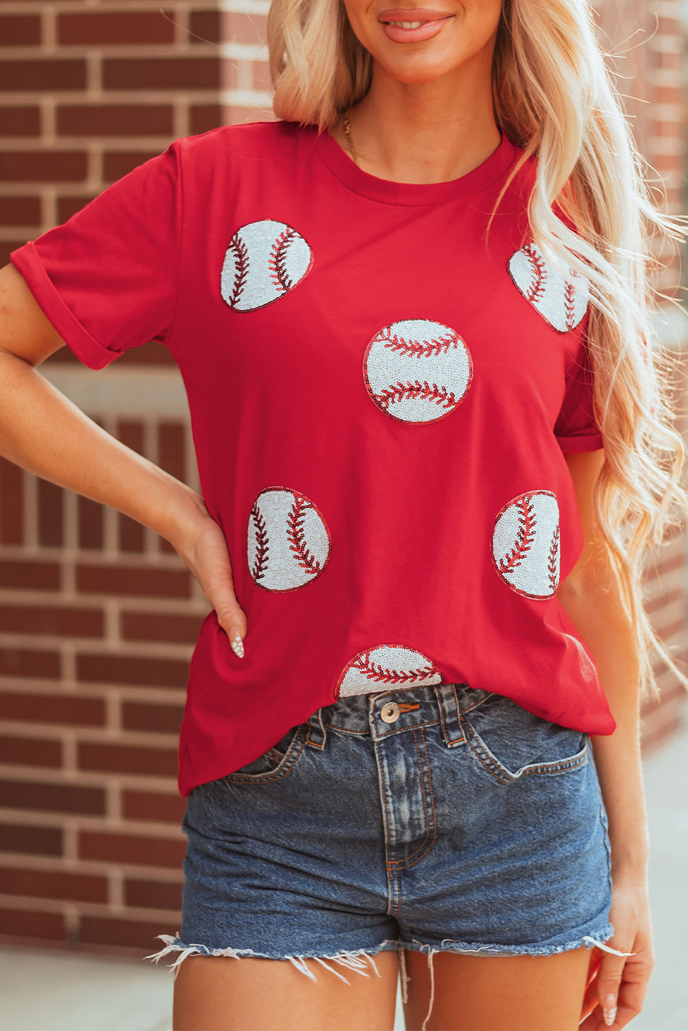 Red Glittering Rugby Pattern Crew Neck Game Day T Shirt