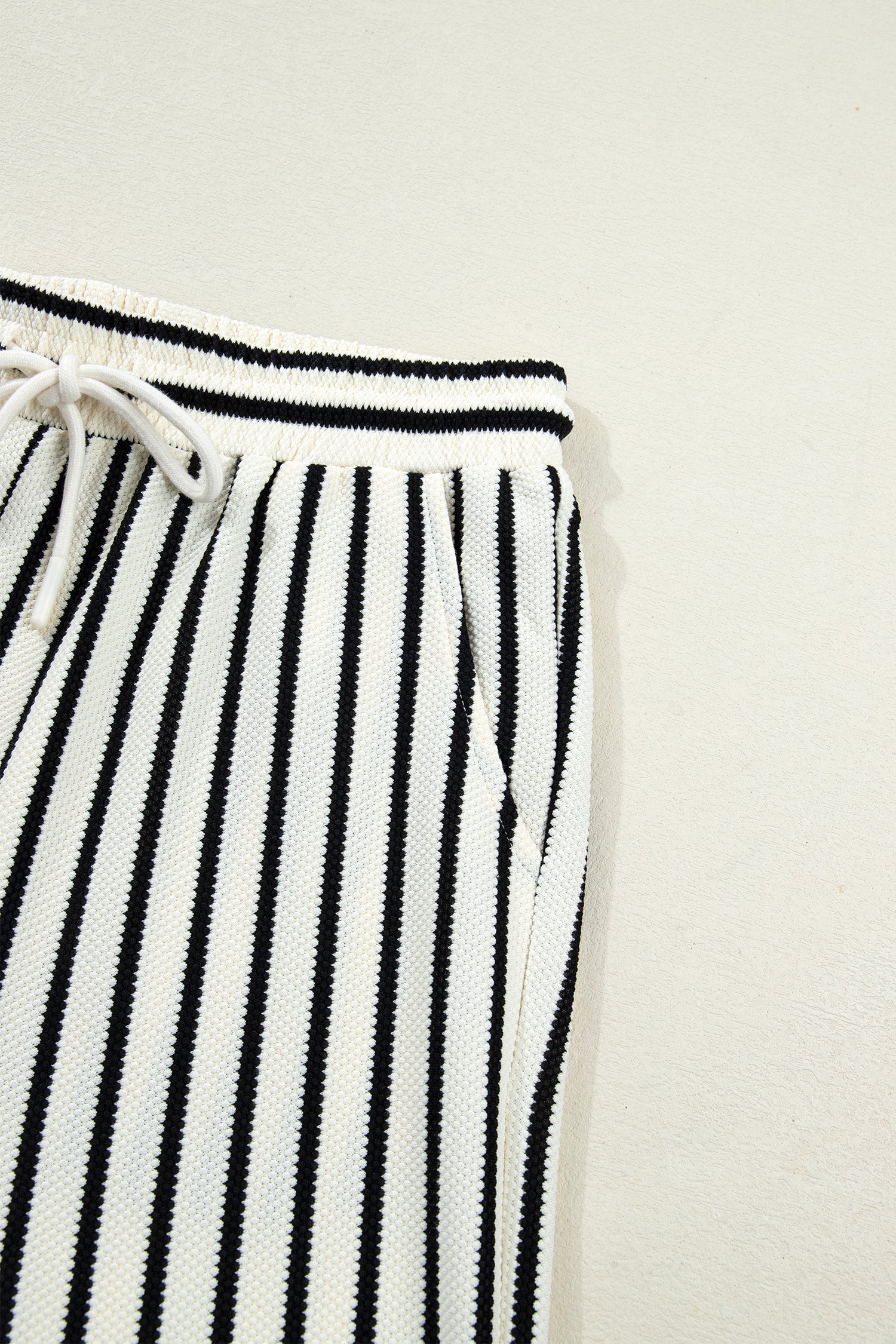 White Stripe Ruffle Trim Drop Shoulder Top Drawstring Loose Pant Set