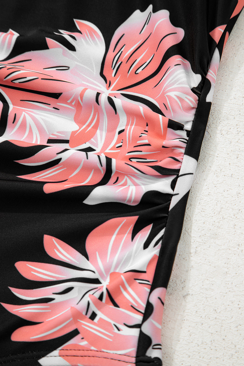 Black Floral Print Square Neck Ruched Tummy Control One Piece Swimsuit
