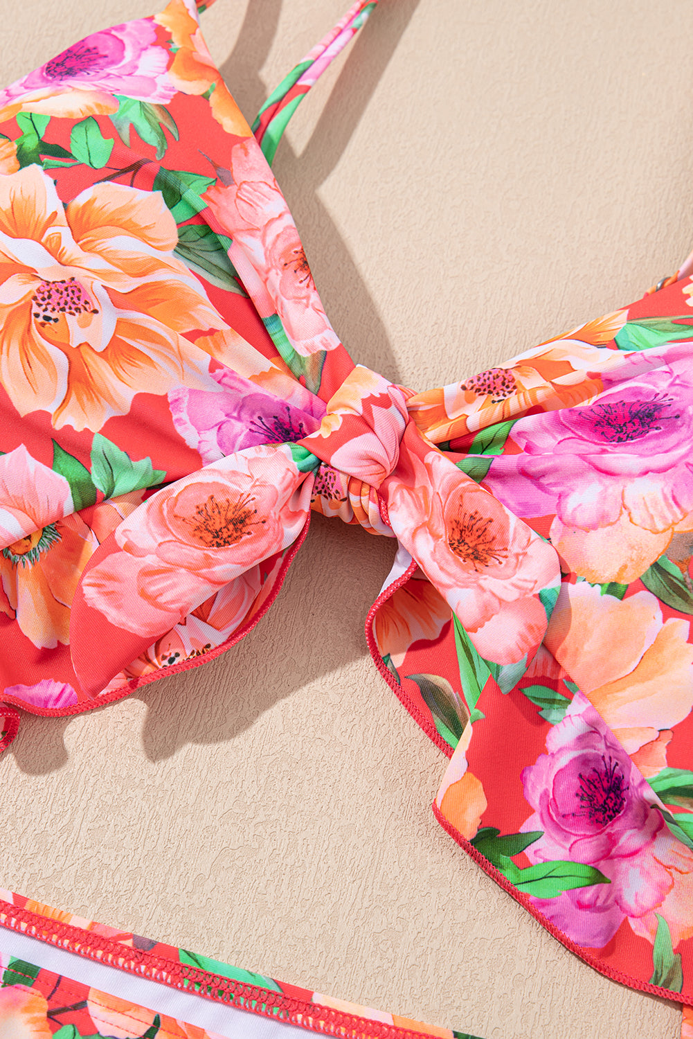 Red Floral Ruffle Trim Cutout Knotted One Piece Swimsuit