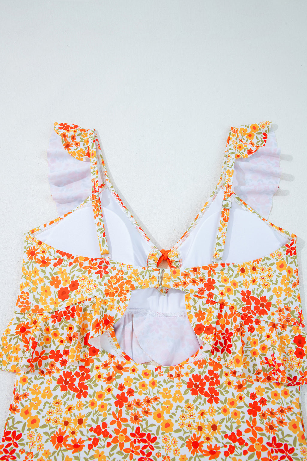 Orange Ruffled Trim Keyhole Accent Floral One Piece Swimsuit