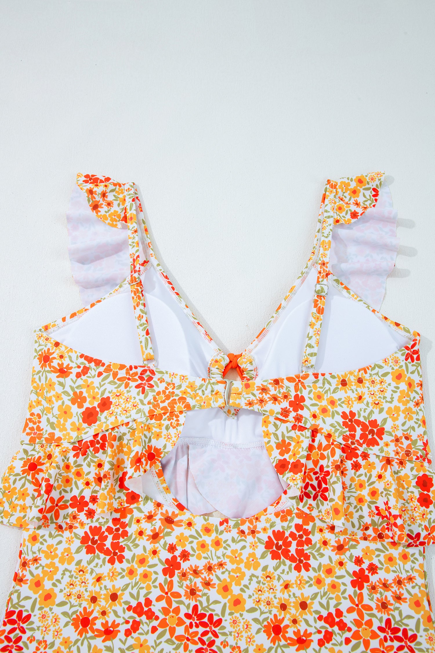 Orange Ruffled Trim Keyhole Accent Floral One Piece Swimsuit