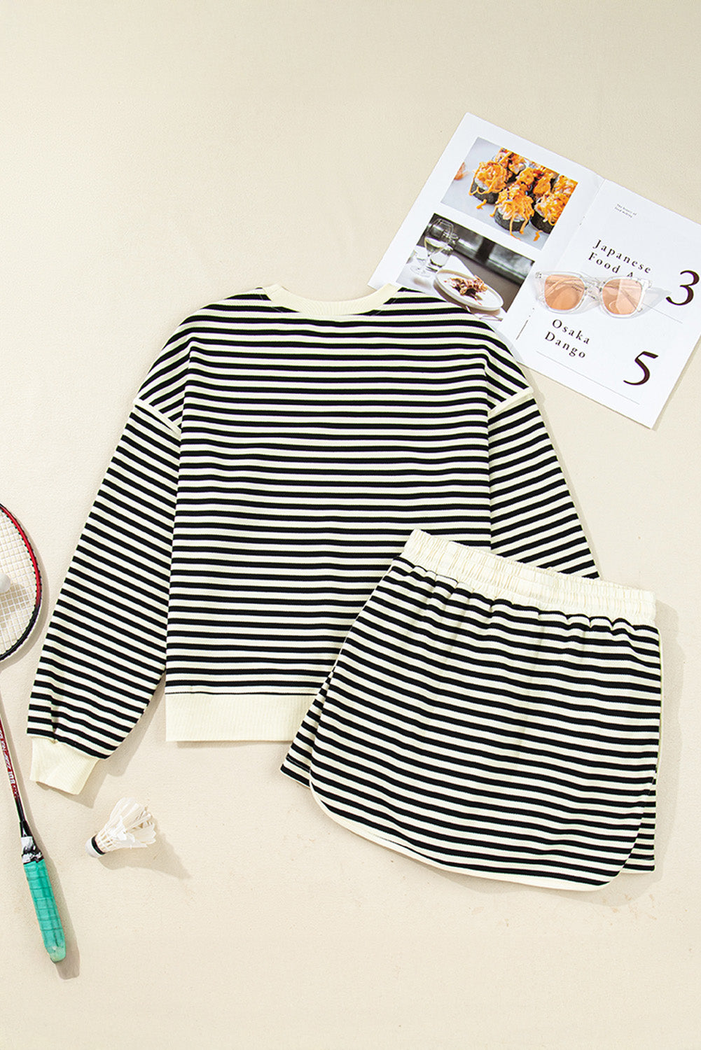 Black Stripe Textured Drop Shoulder Pullover Top Drawstring Mini Skort Two Piece Dress Set