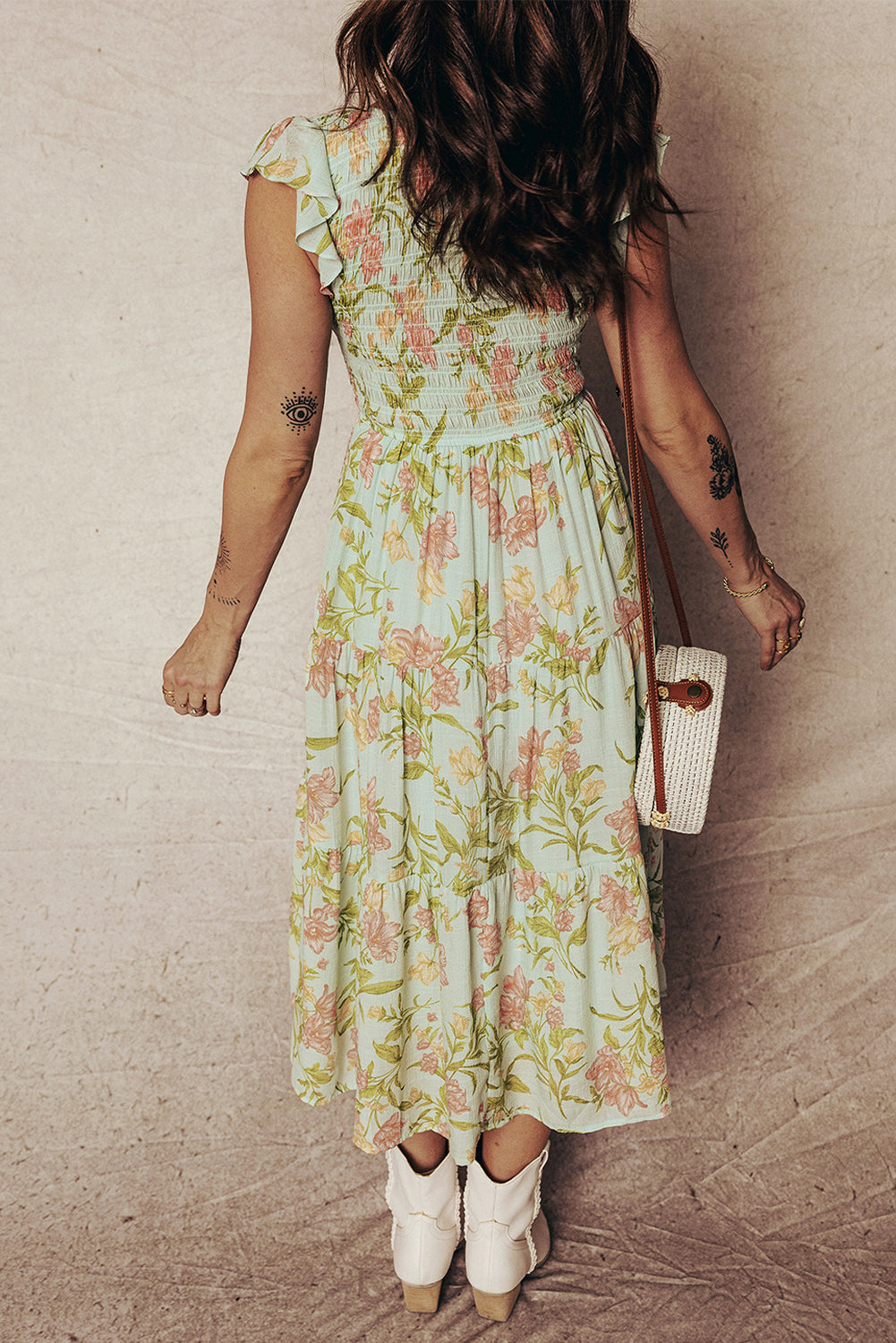 Yellow Smocked Bodice Ruffled Sleeveless Tiered Floral Maxi Dress