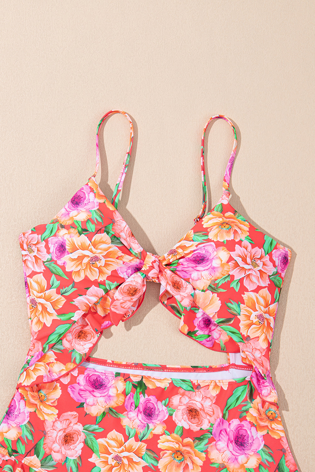 Red Floral Ruffle Trim Cutout Knotted One Piece Swimsuit