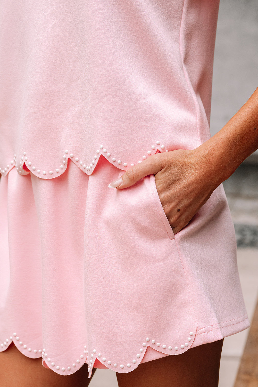 Light Pink Puff Sleeve Pearl Embellished Scallop Trim Top 2 Piece Skort Set