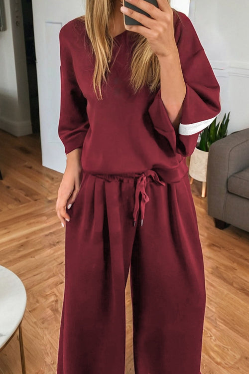 Burgundy Varsity Striped 3/4 Sleeve Pullover Drawstring Sweatpants Set