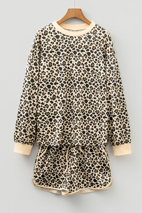 Brown Leopard Print Contrast Trim Long Sleeve Pullover Drawstring Shorts 2pcs Outfit