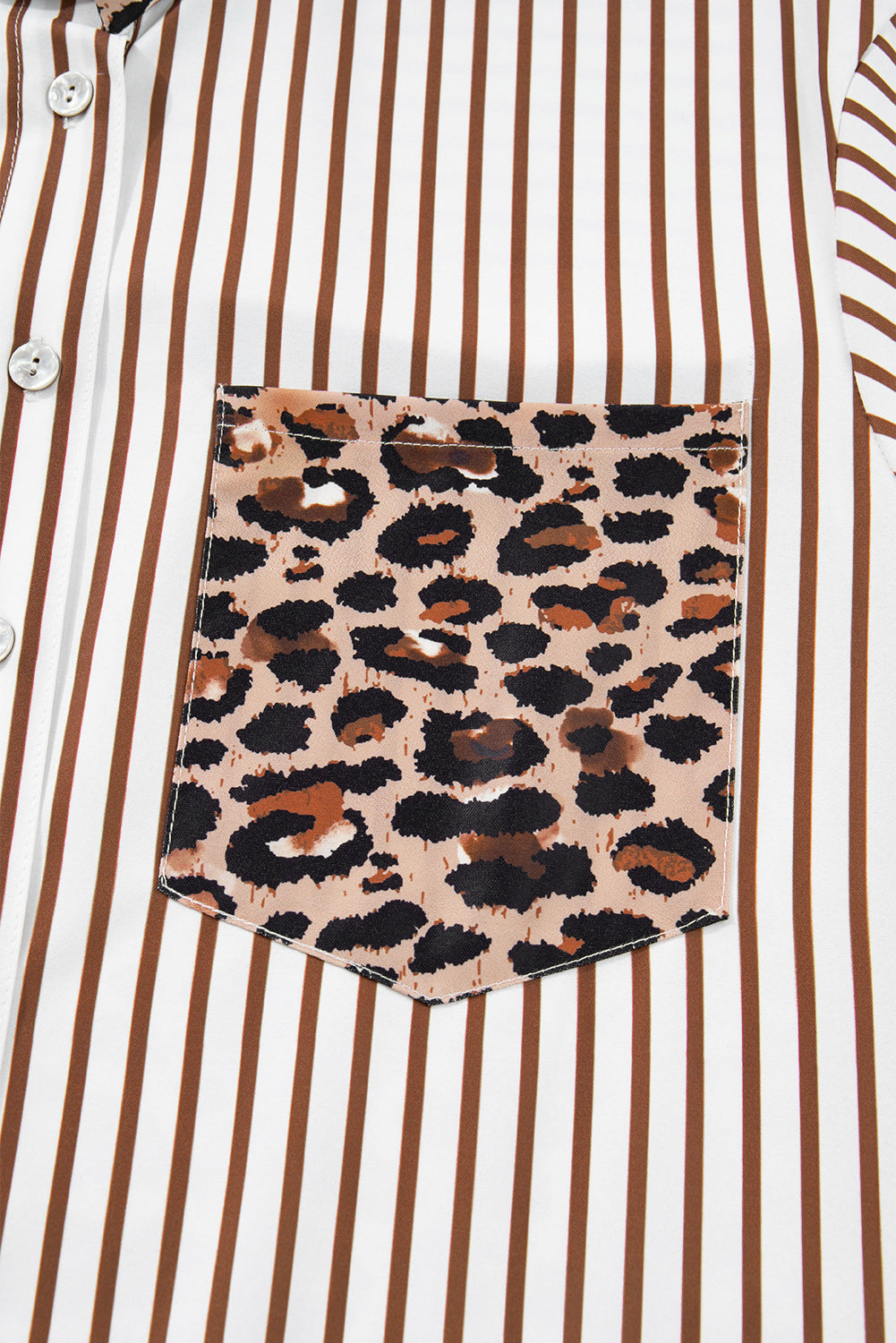 Brown Stripe Contrast Leopard Patchwork Long Shirt Dress with Slits