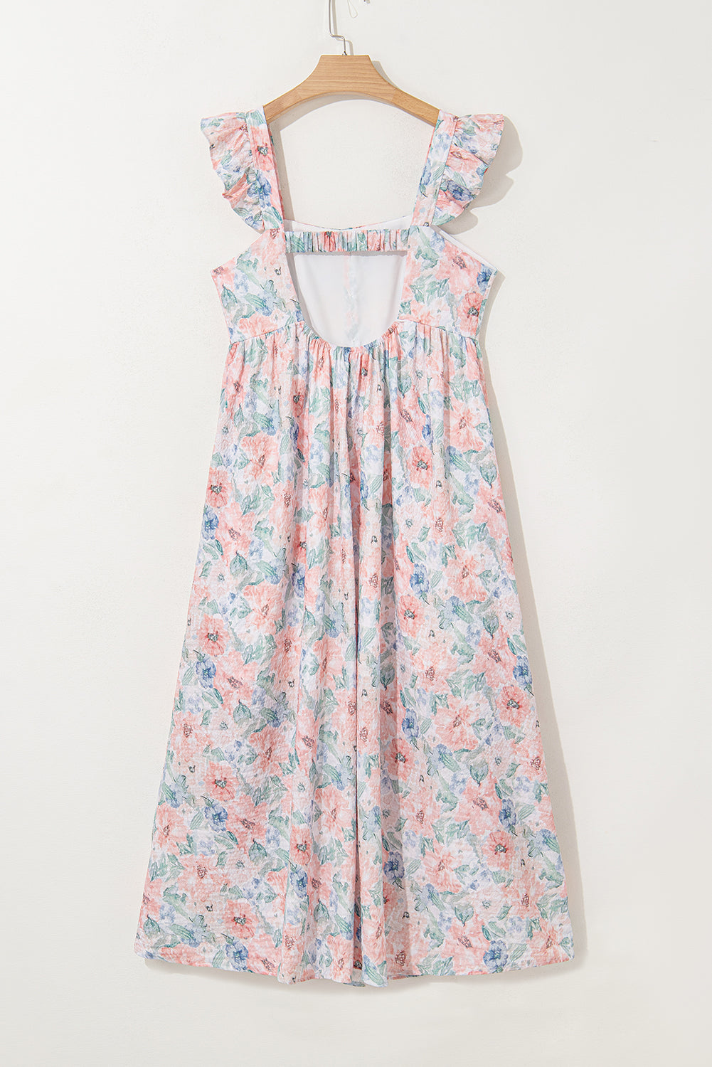 Pink Floral Print Square Neck Backless Long Dress with Slit