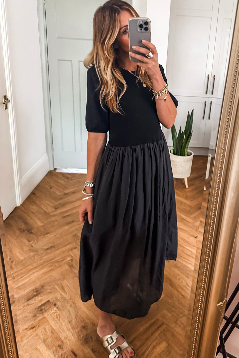 Black Short Sleeve Knit Top Patchwork Pleated Long Dress