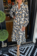 Black Abstract Floral Print Split V Neck Long Dress with Sleeves