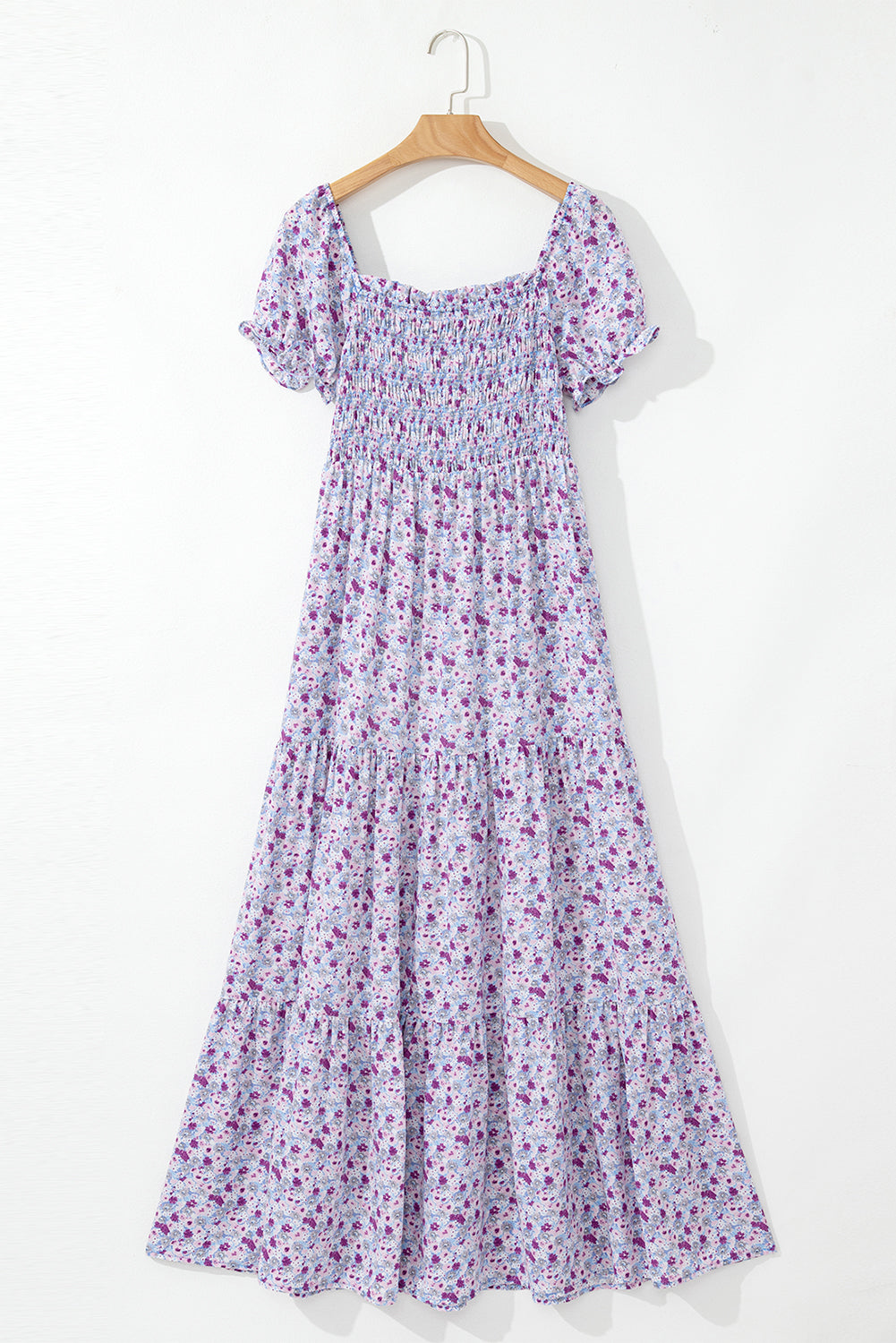 Purple Floral Short Bubble Sleeve Shirred High Waist Maxi Dress