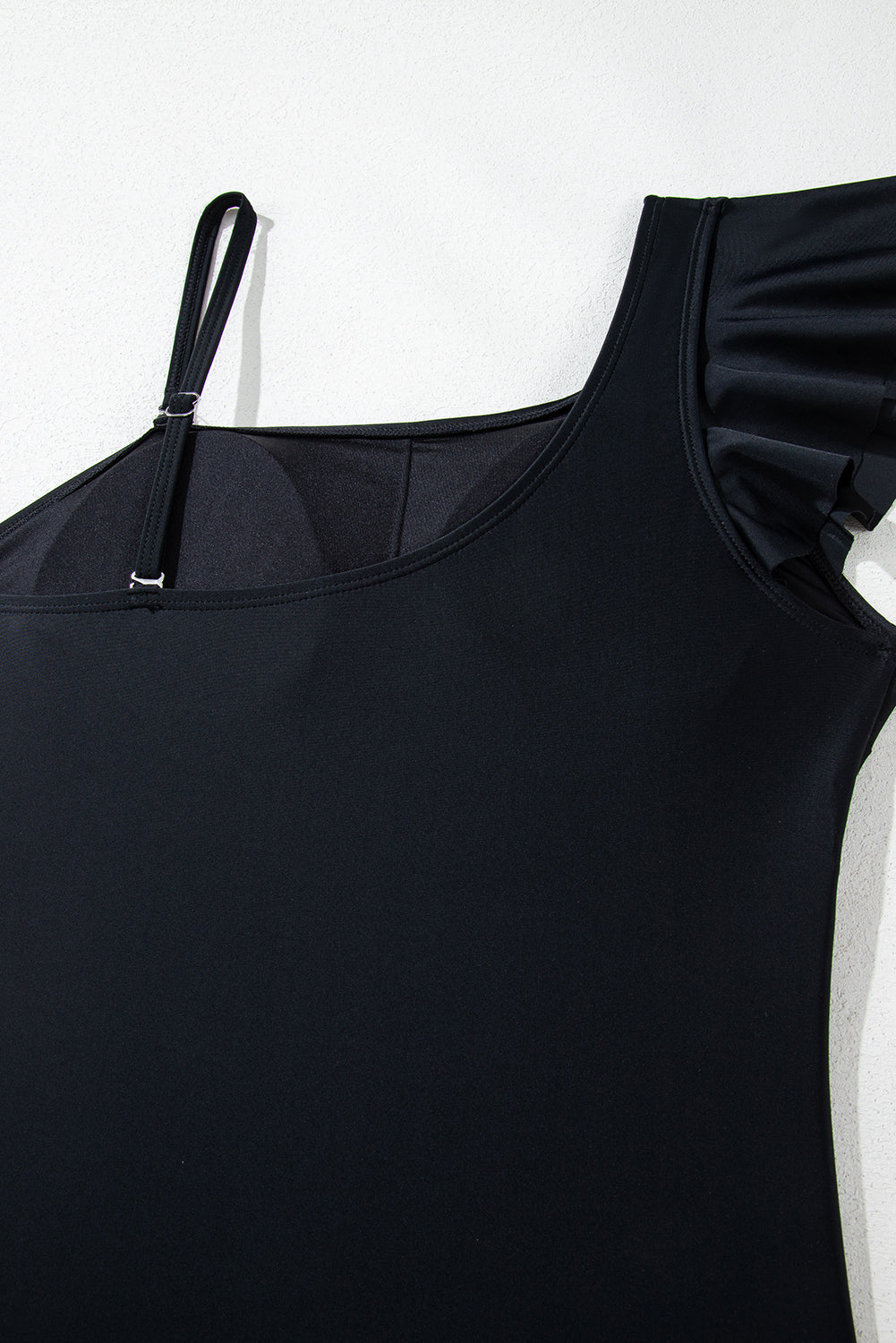 Black Asymmetric Ruffle Shoulder Pleated One Piece Swimsuit