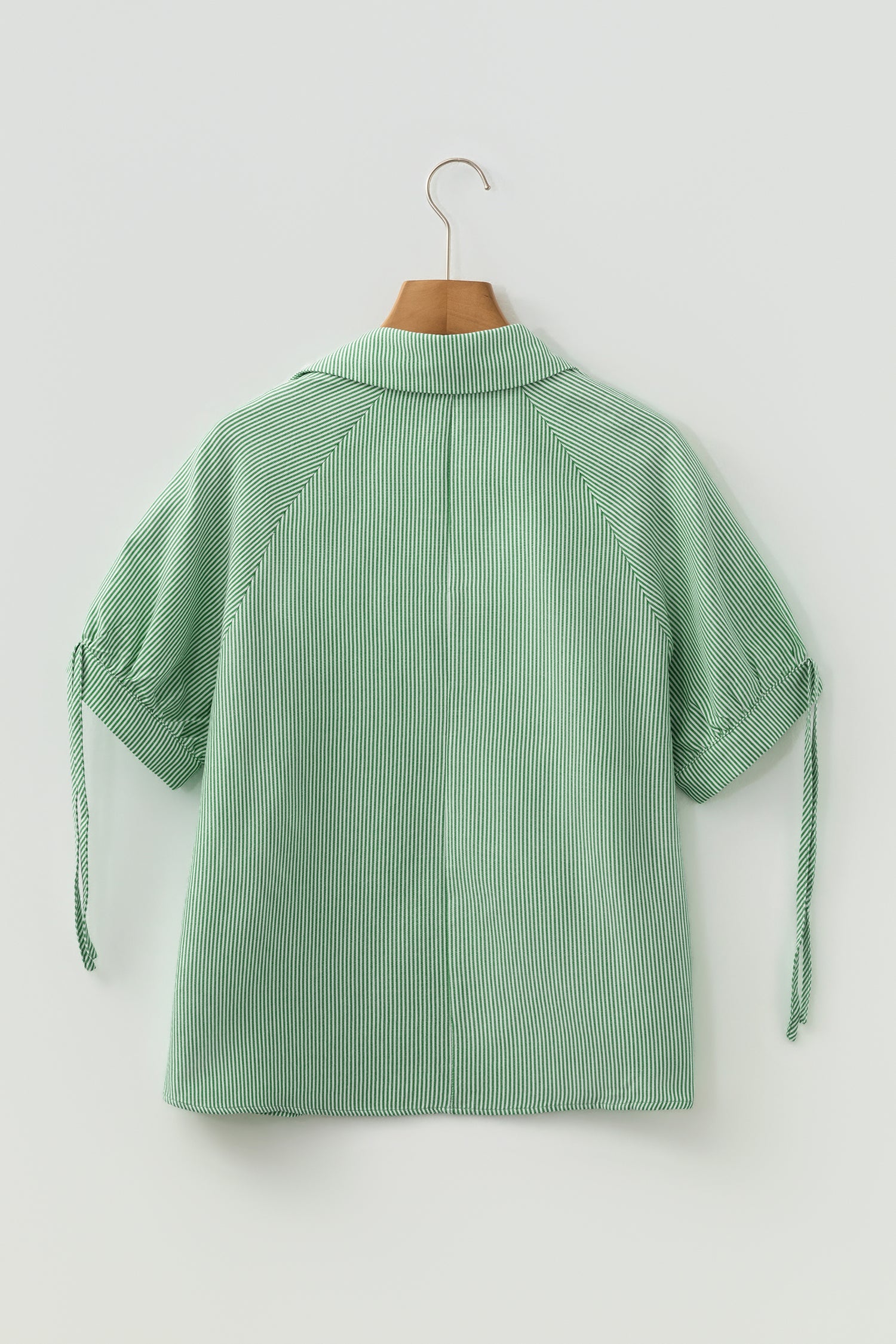 Mint Green Striped Print Collared Split Neck Half Sleeve Blouse