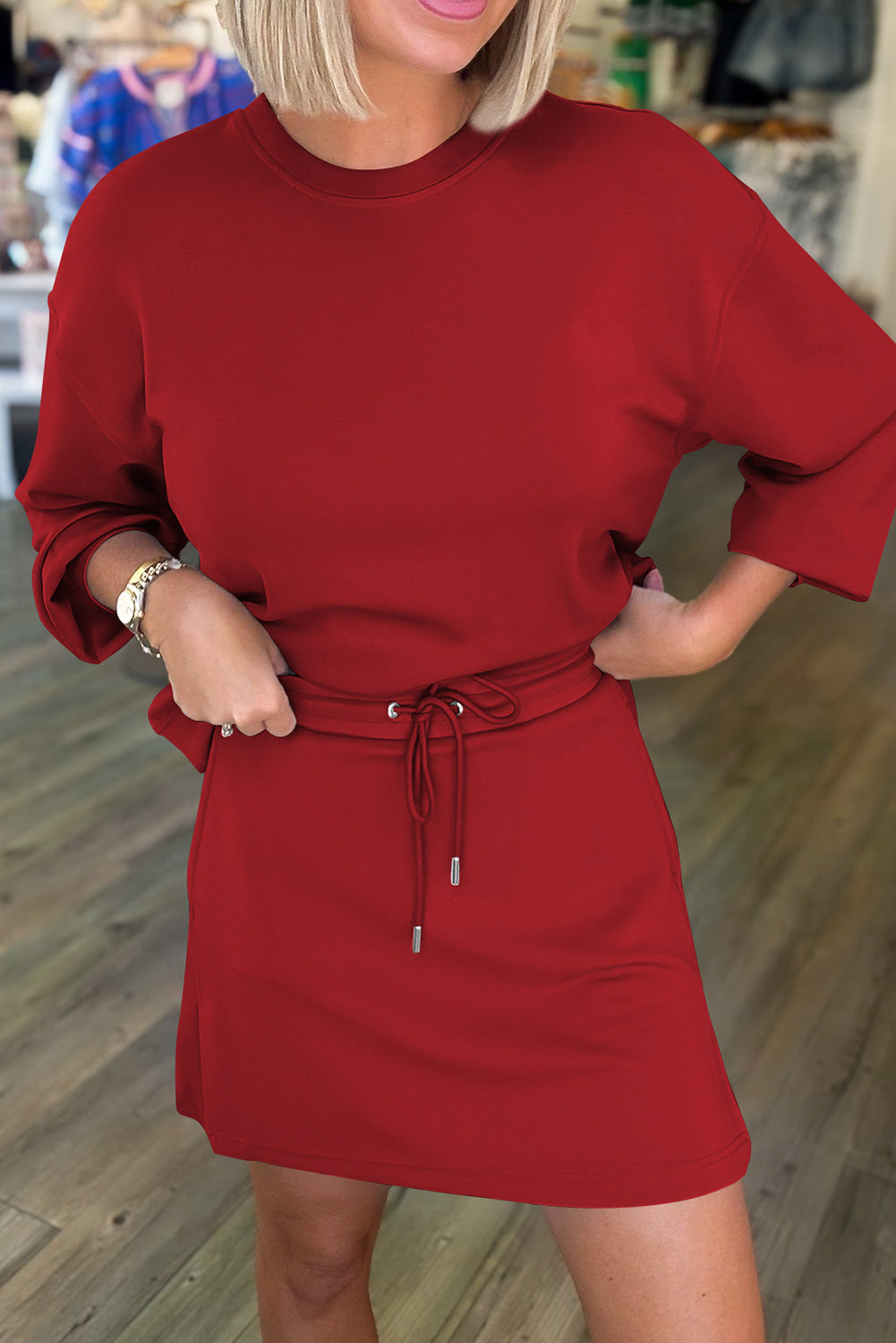 Racing Red Solid Color Drop Shoulder Pullover Drawstring Mini Skirt 2pcs Outfit