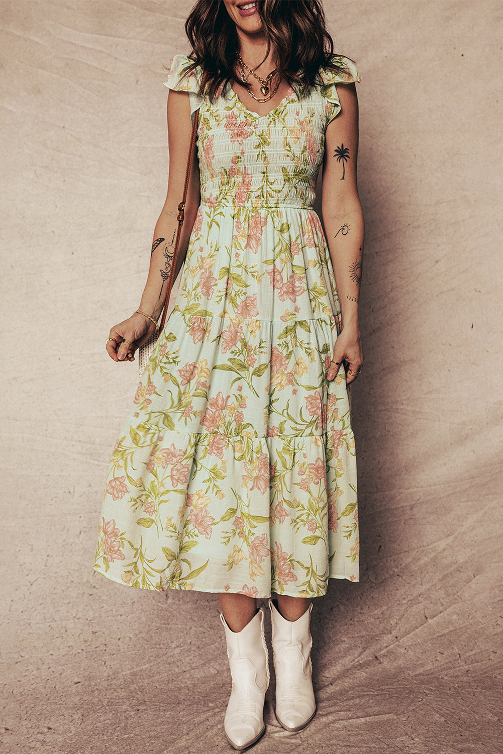 Yellow Smocked Bodice Ruffled Sleeveless Tiered Floral Maxi Dress