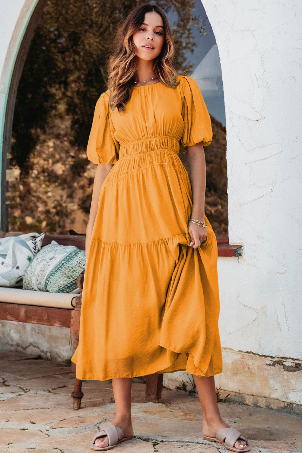 Grapefruit Orange Puff Sleeve Pleated High Waist Flowy Midi Dress