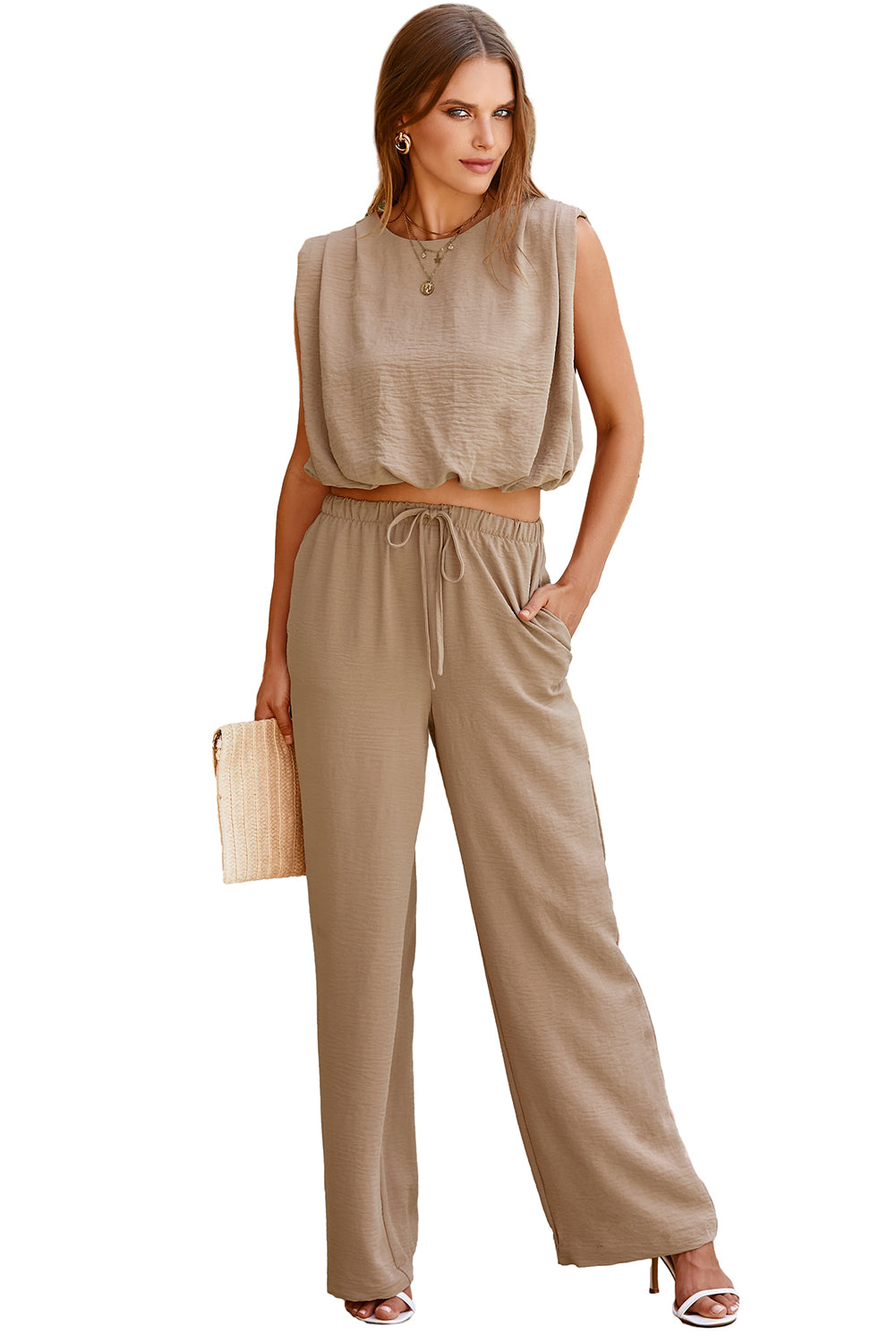 Pale Khaki Solid Color Keyhole Puffy Tank Drawstring Loose Pants 2pcs Outfit