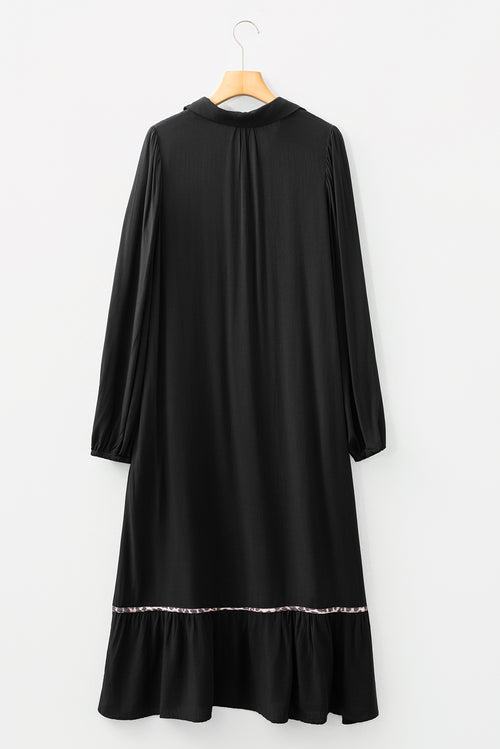Black Collared V Neck Smocked Detail Contrast Leopard Trim Bracelet Sleeve Long Dress